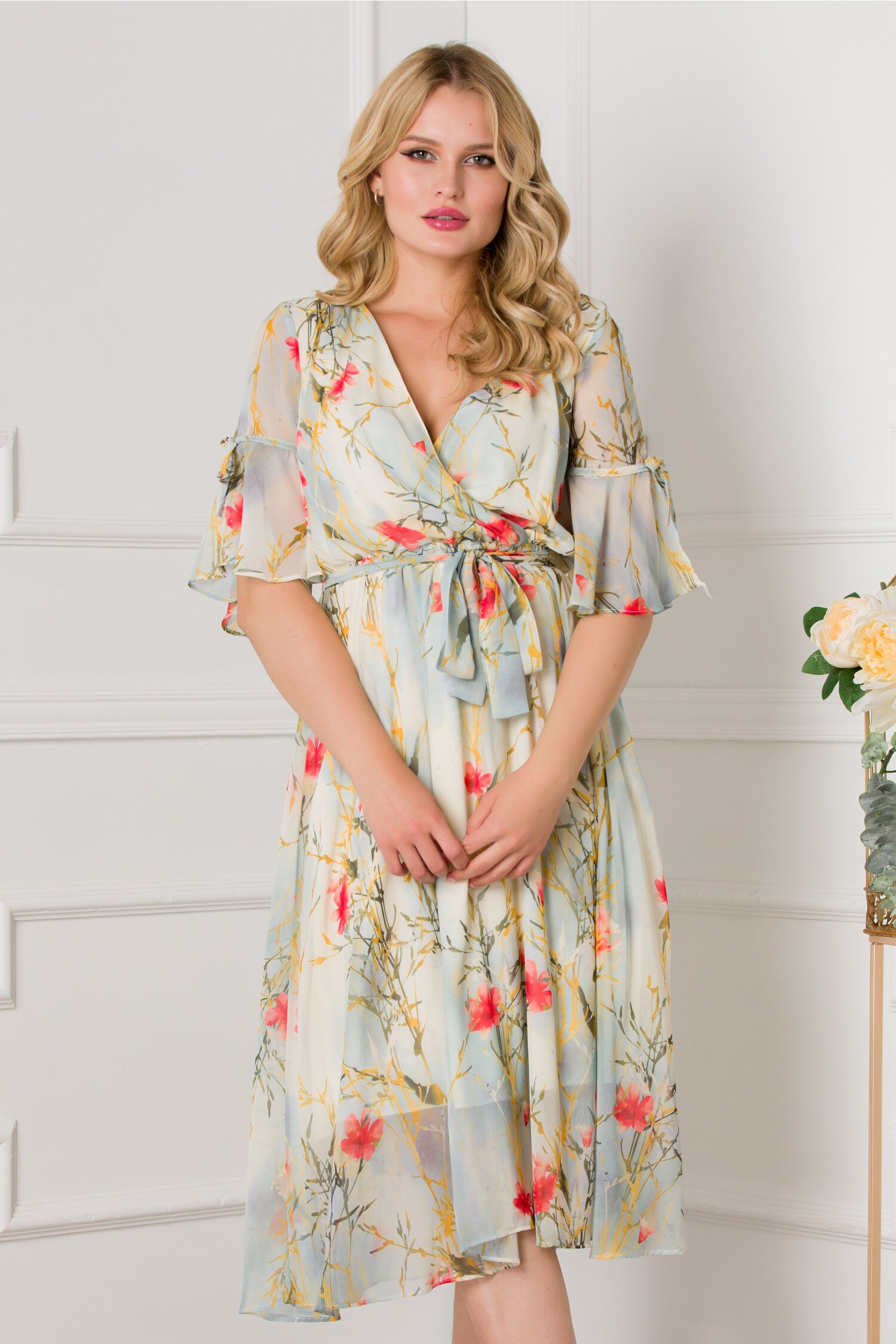Rochie Darina bleu cu imprimeuri florale