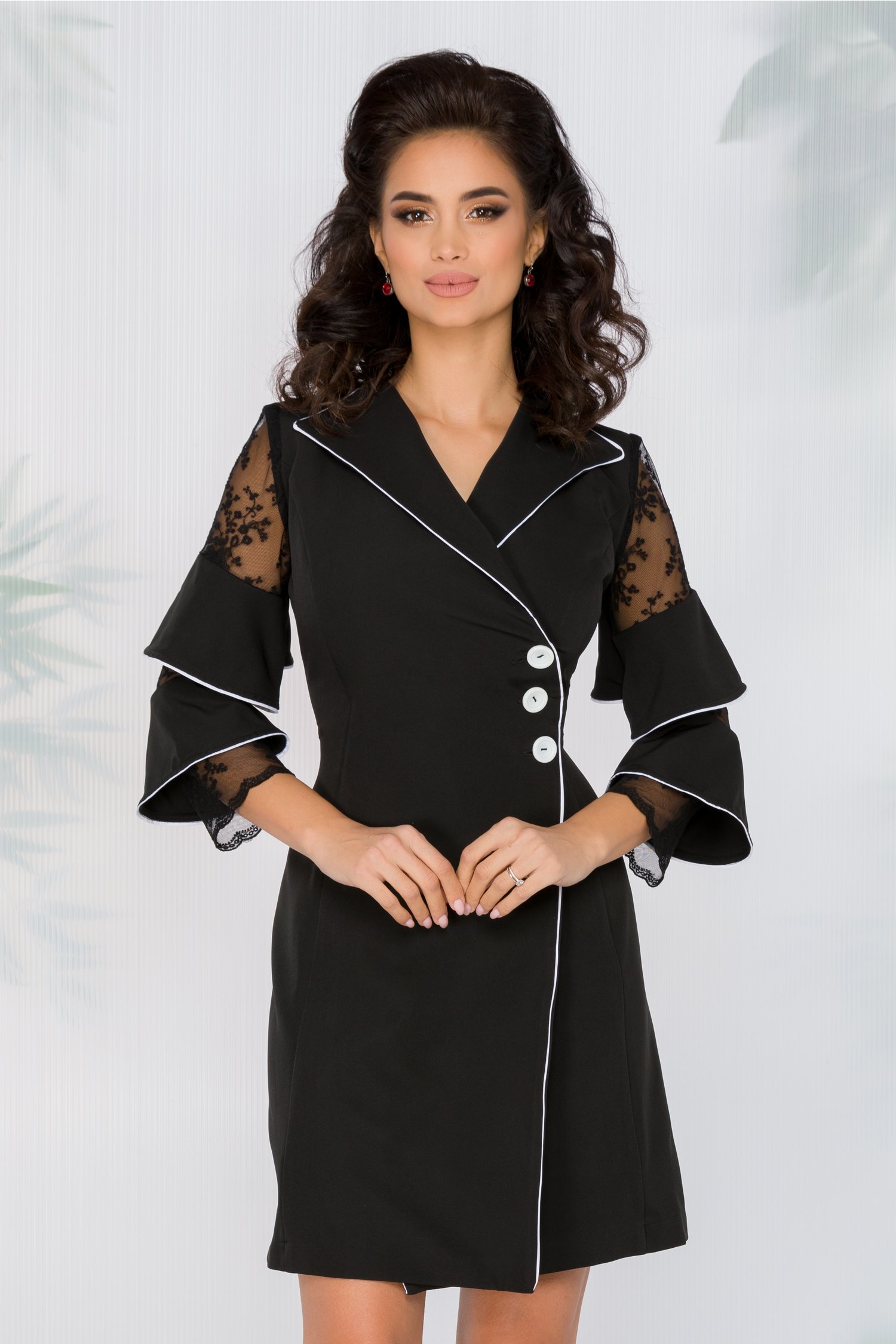 Rochie delia neagra stil sacou cu volane la maneci