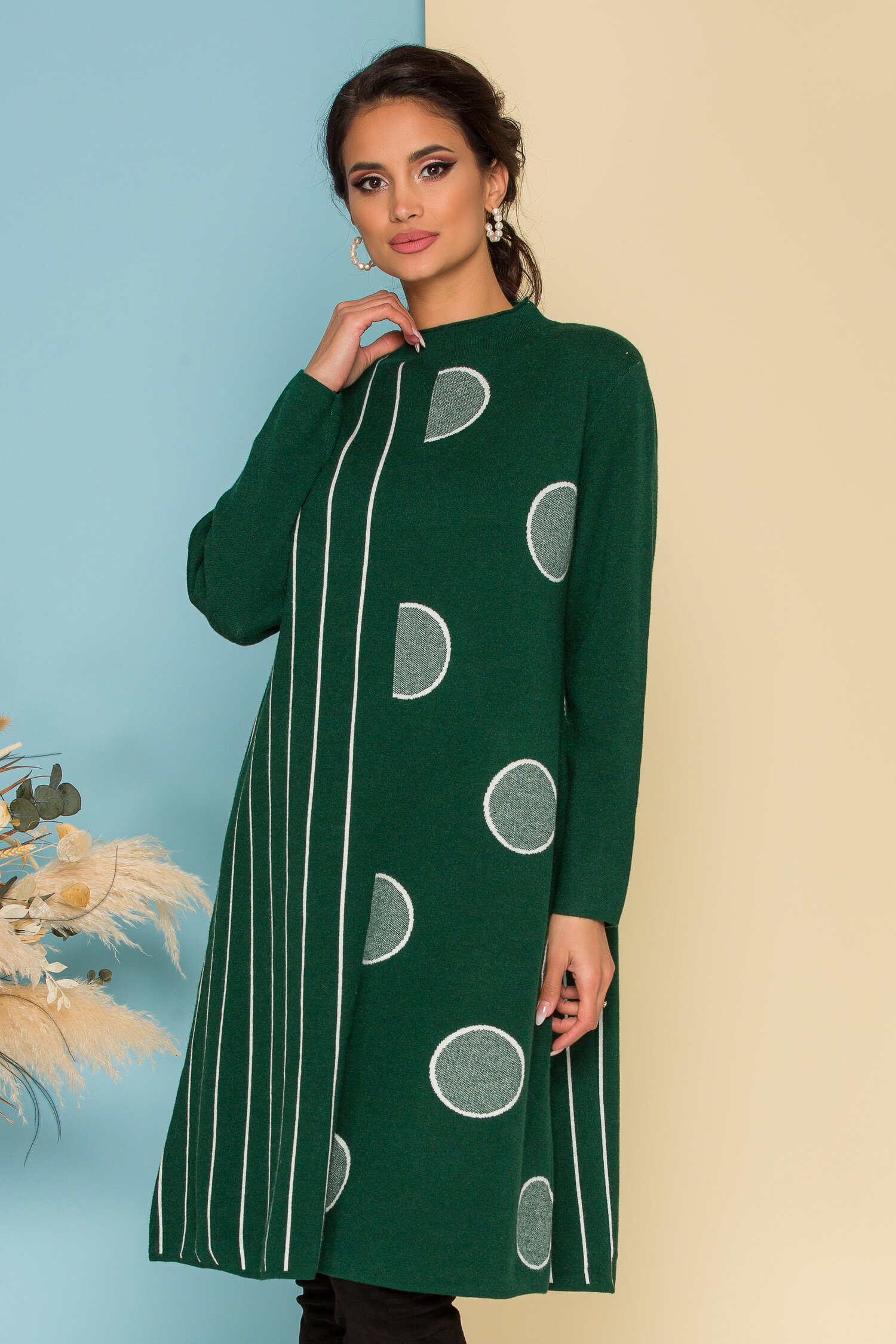 Rochie Dina verde cu dungi si buline maxi