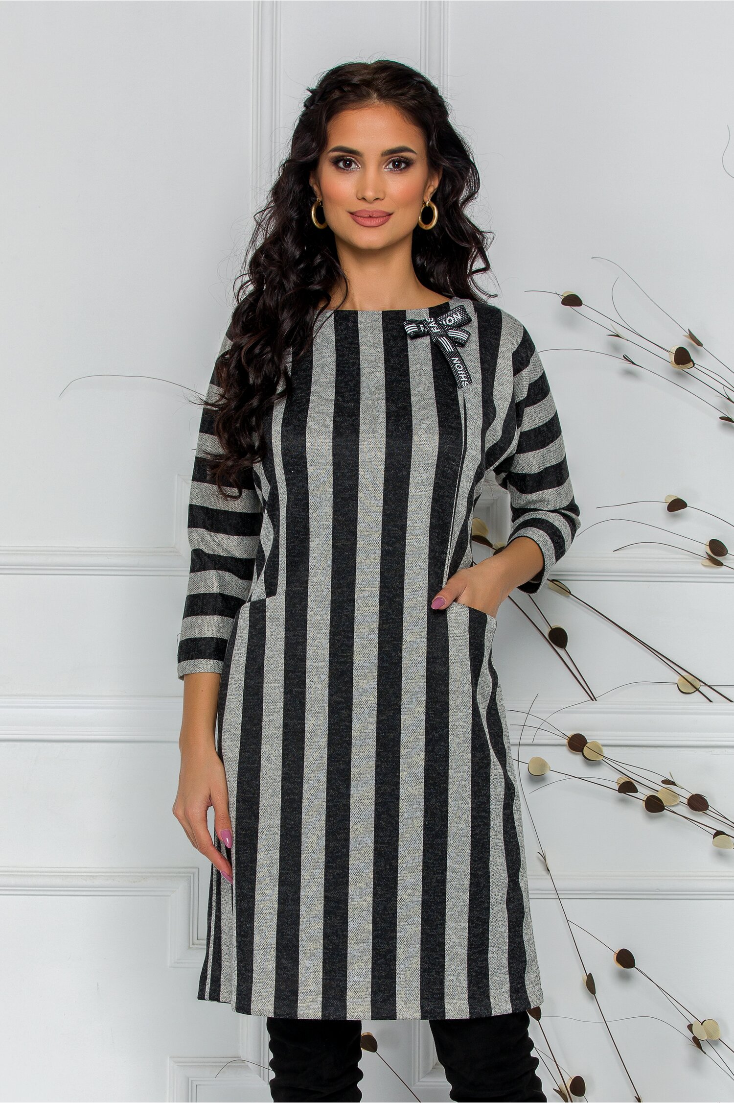 Rochie Disha din jerse cu dungi gri