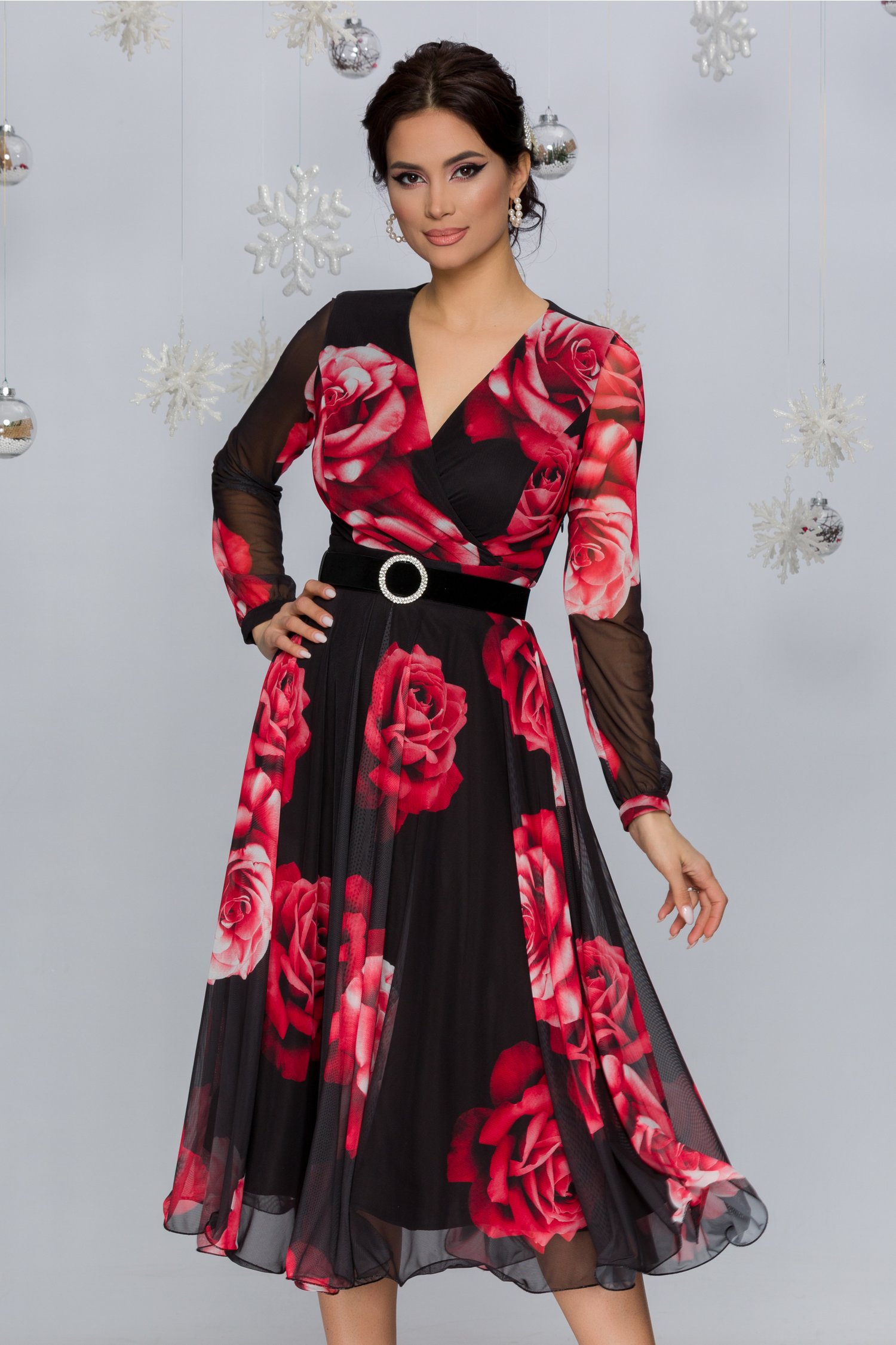 Rochie Dorina neagra din tull cu trandafiri rosii