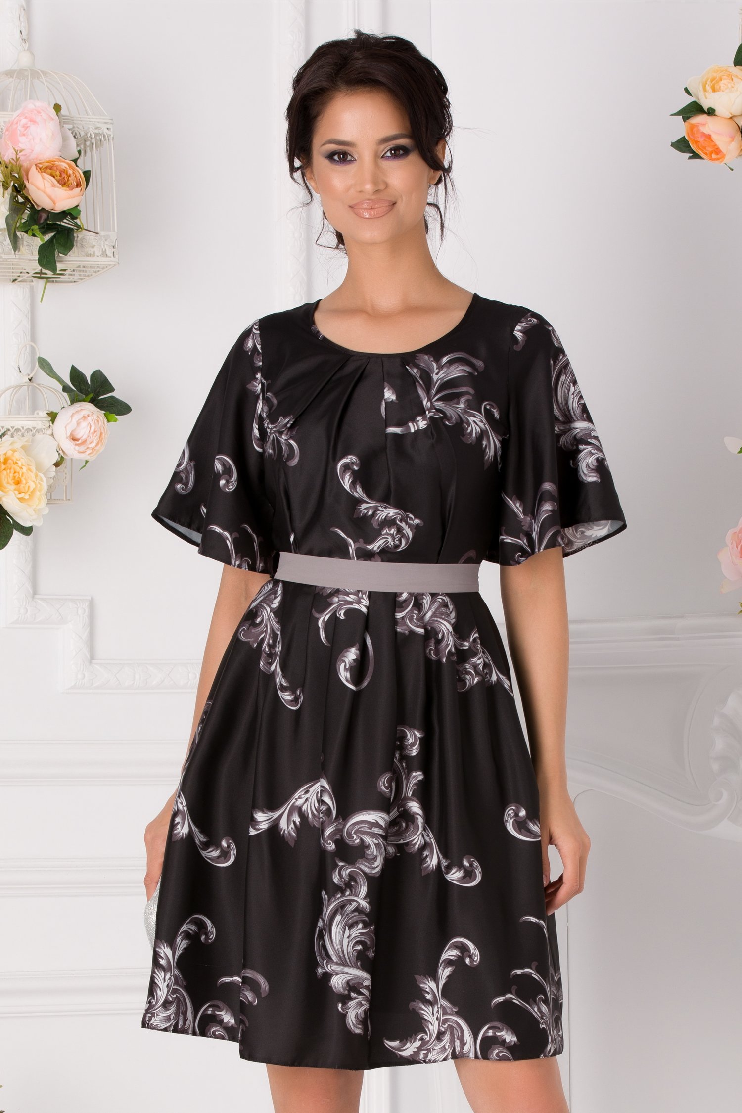 Rochie elize neagra cu imprimeu divers gri