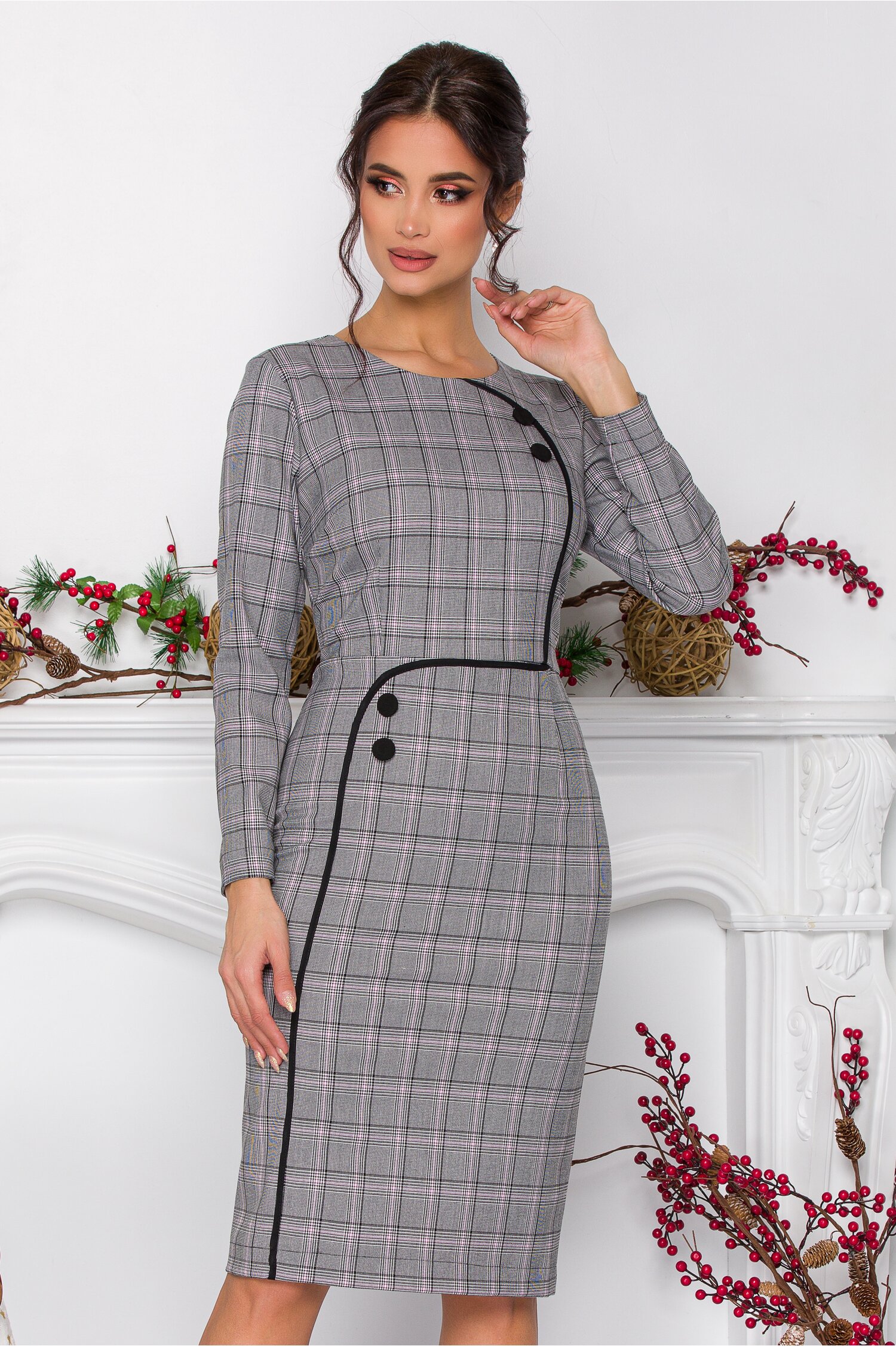 Rochie Ella Collection Lorena gri cu carouri roz pal