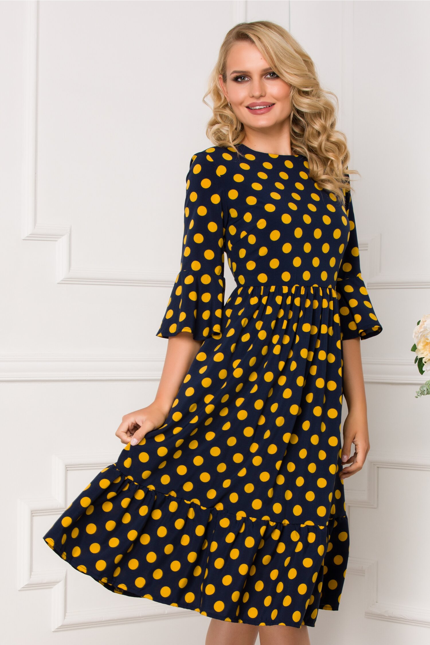 Rochie Ella Collection Marcy bleumarin cu buline galbene