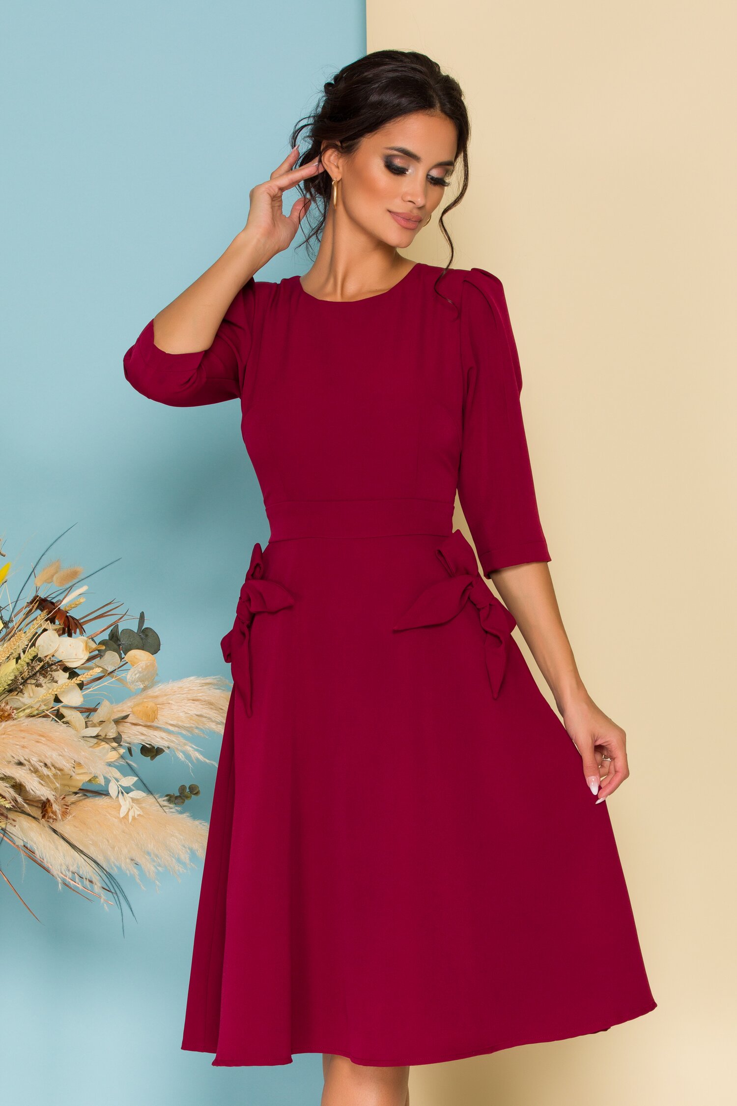 Rochie Ella Collection Quinn bordo cu fundite la buzunare