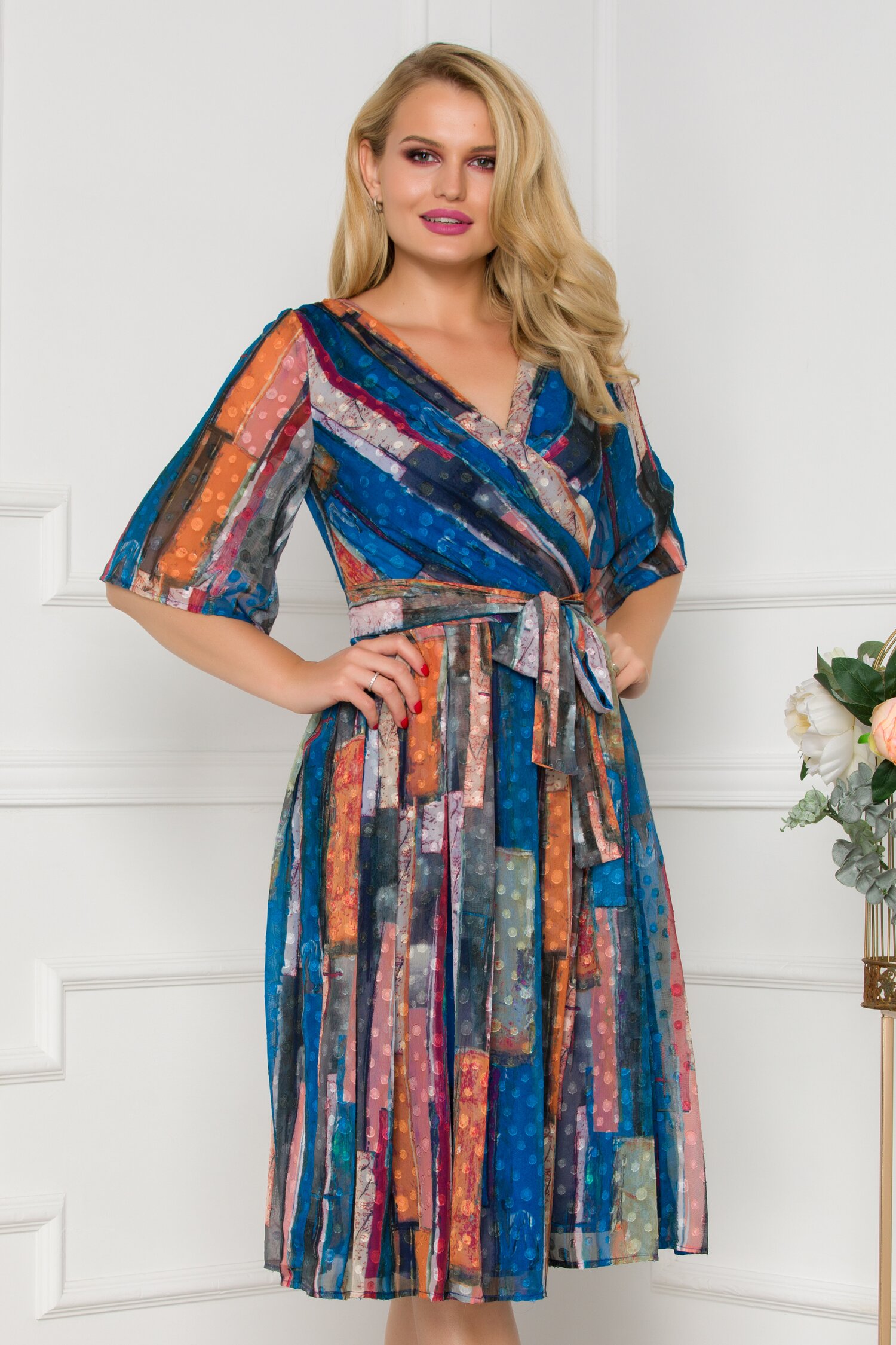 Rochie Ella Collection Smaranda albastra cu imprimeu geometric multicolor