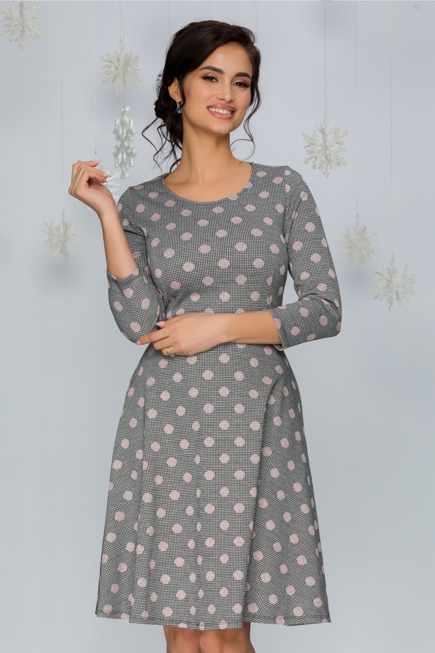 Rochie elsie cu imprimeu picior de cocos si buline roz cu insertii argintii