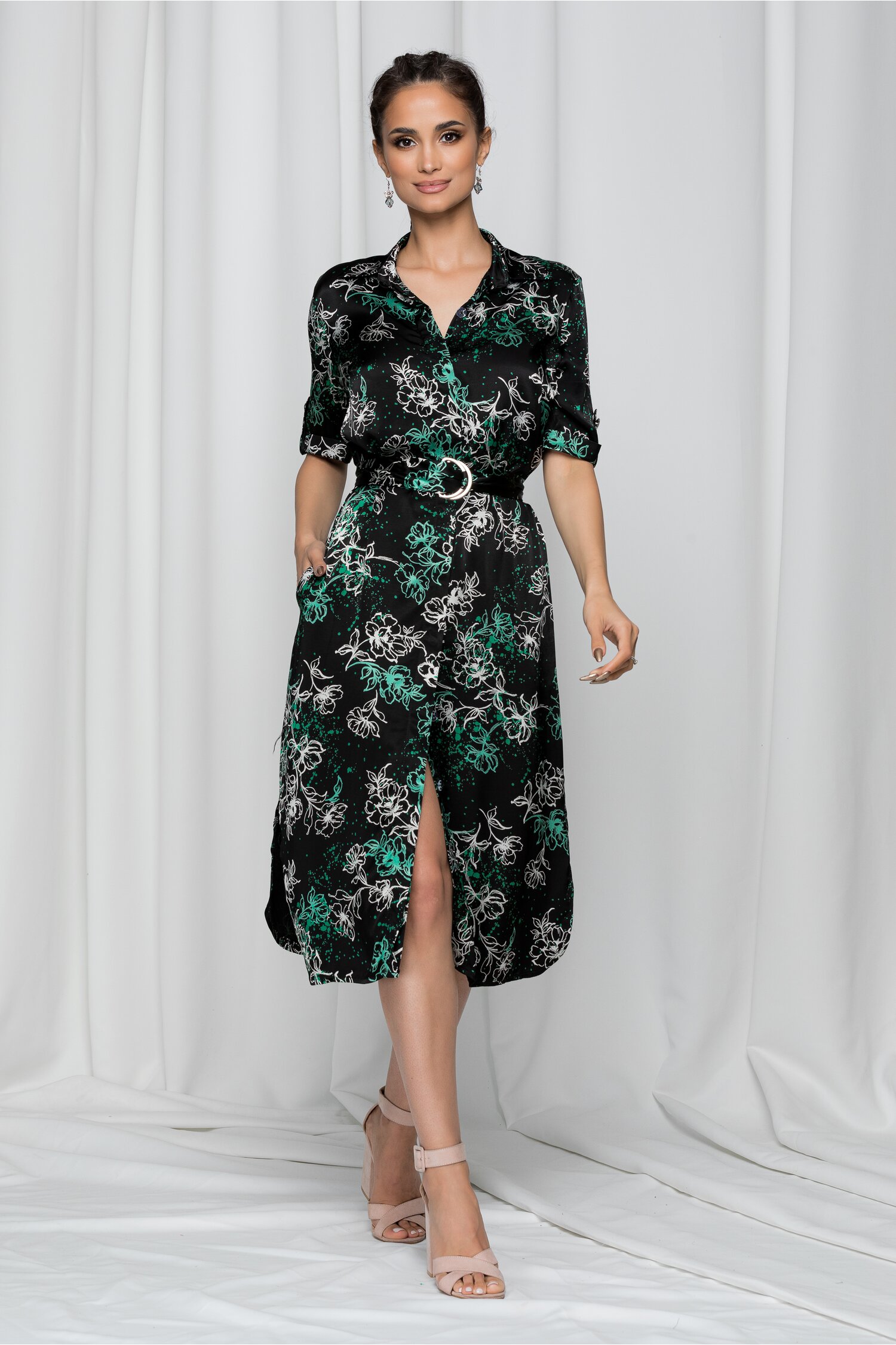 Rochie fabia neagra tip camasa din material satinat