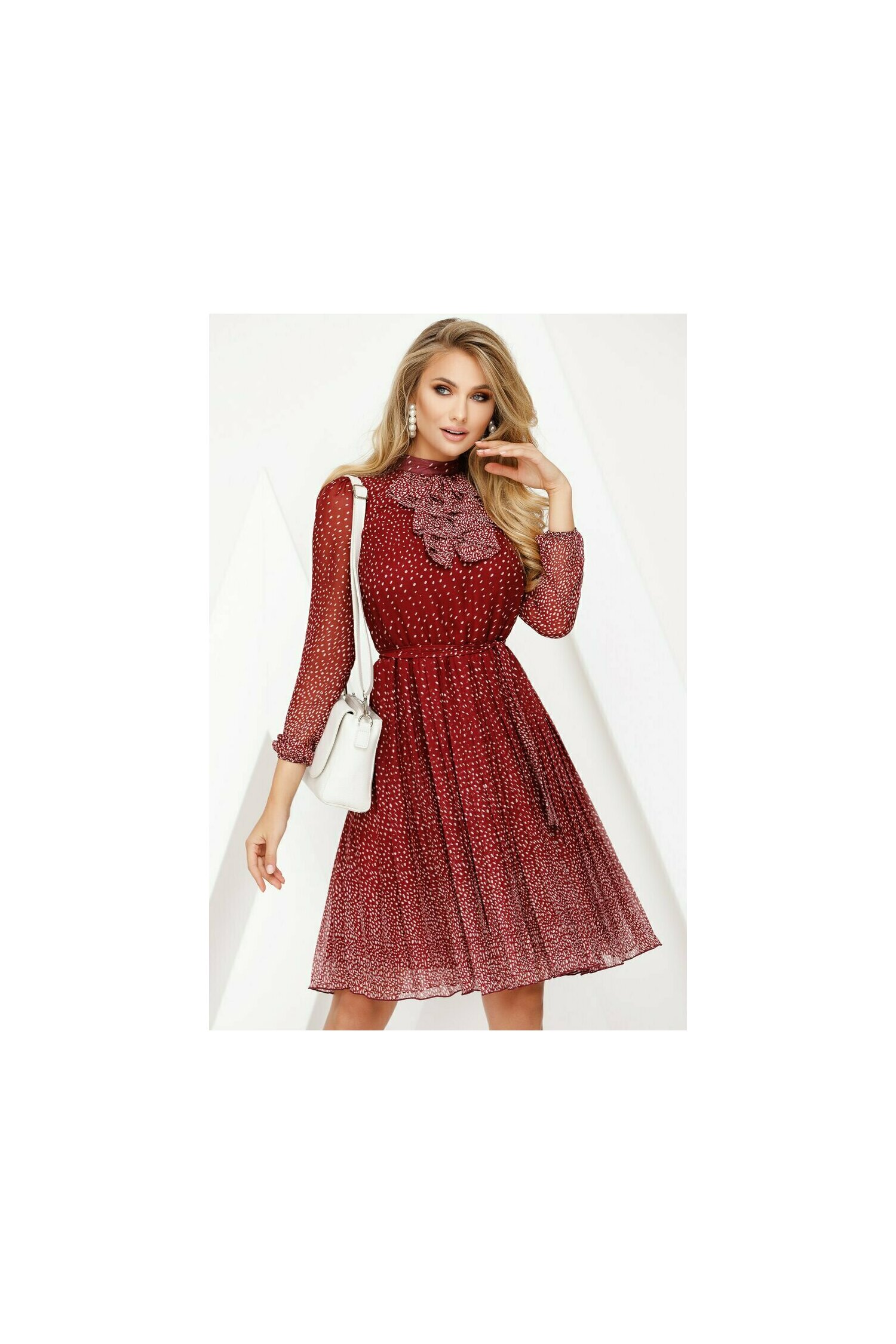 Rochie Fofy bordo plisata cu bulinuțe albe in degrade