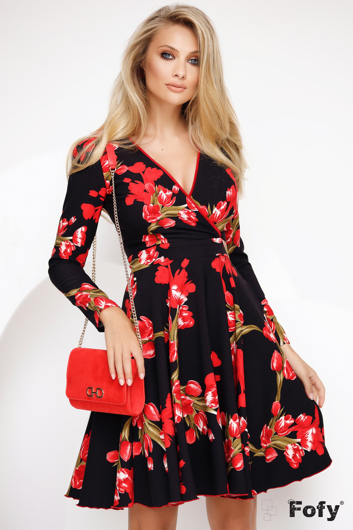 Rochie Fofy clos cu imprimeu floral rosu si decolteu parte peste parte