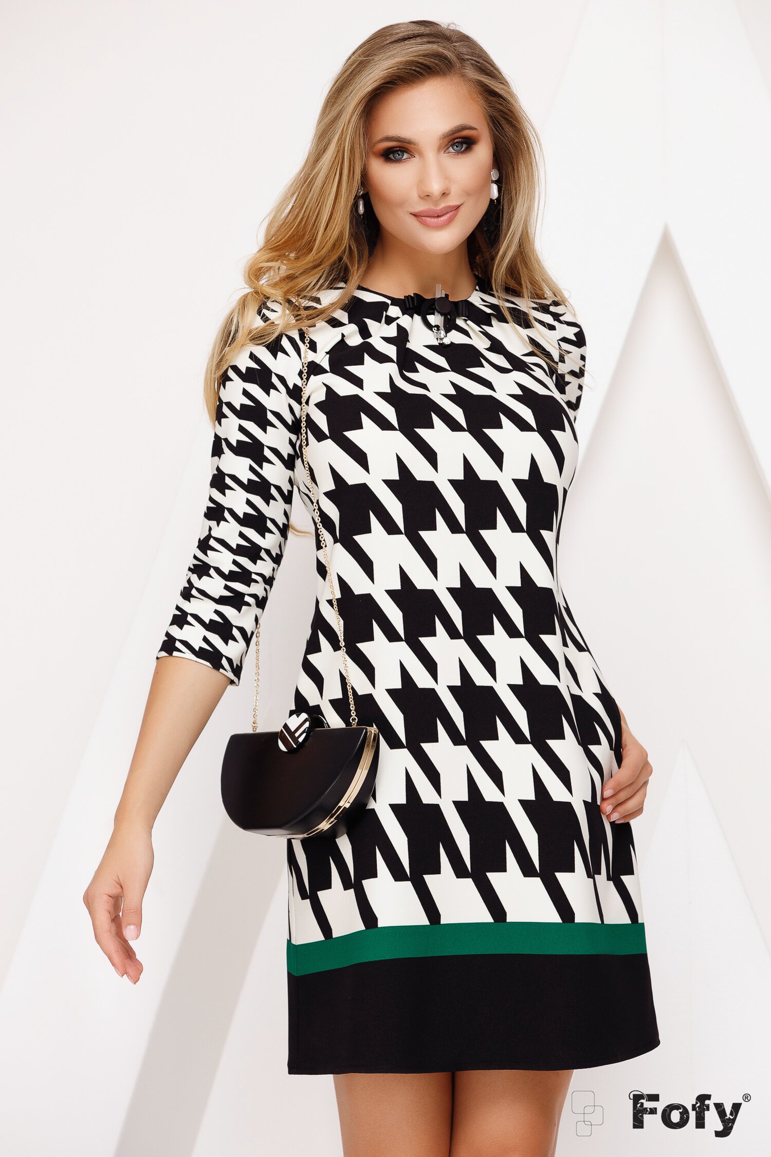 Rochie Fofy croi in A cu imprimeu maxi pied du coq si dunga verde