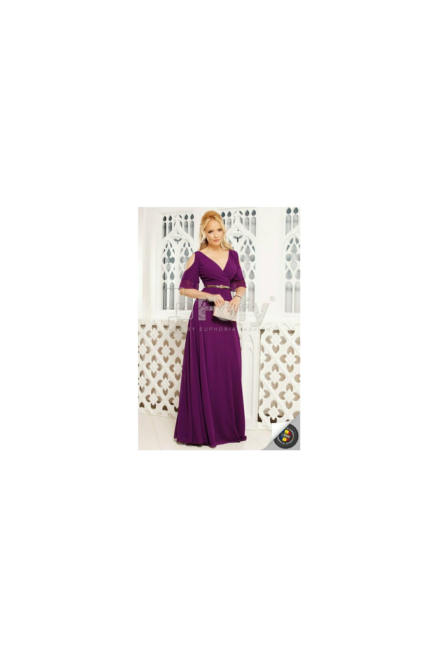 Rochie Fofy mov lunga cu manecile decupate