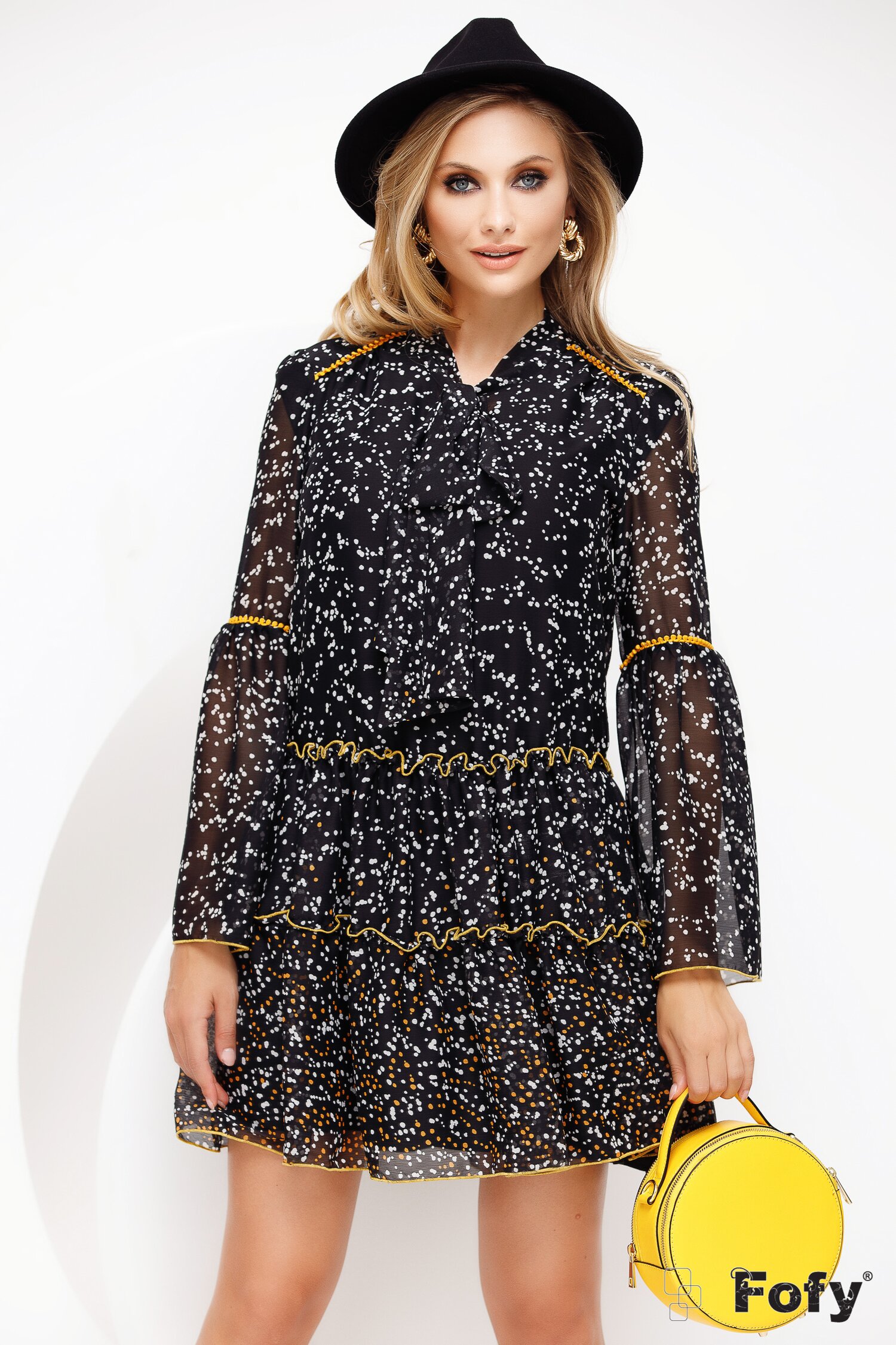 Rochie Fofy neagra din voal imprimat cu buline si funda maxi