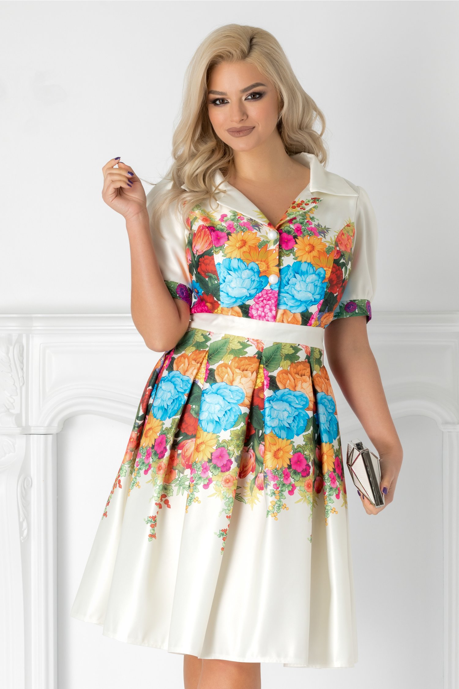 Rochie iasmina ivoire cu imprimeu floral multicolor