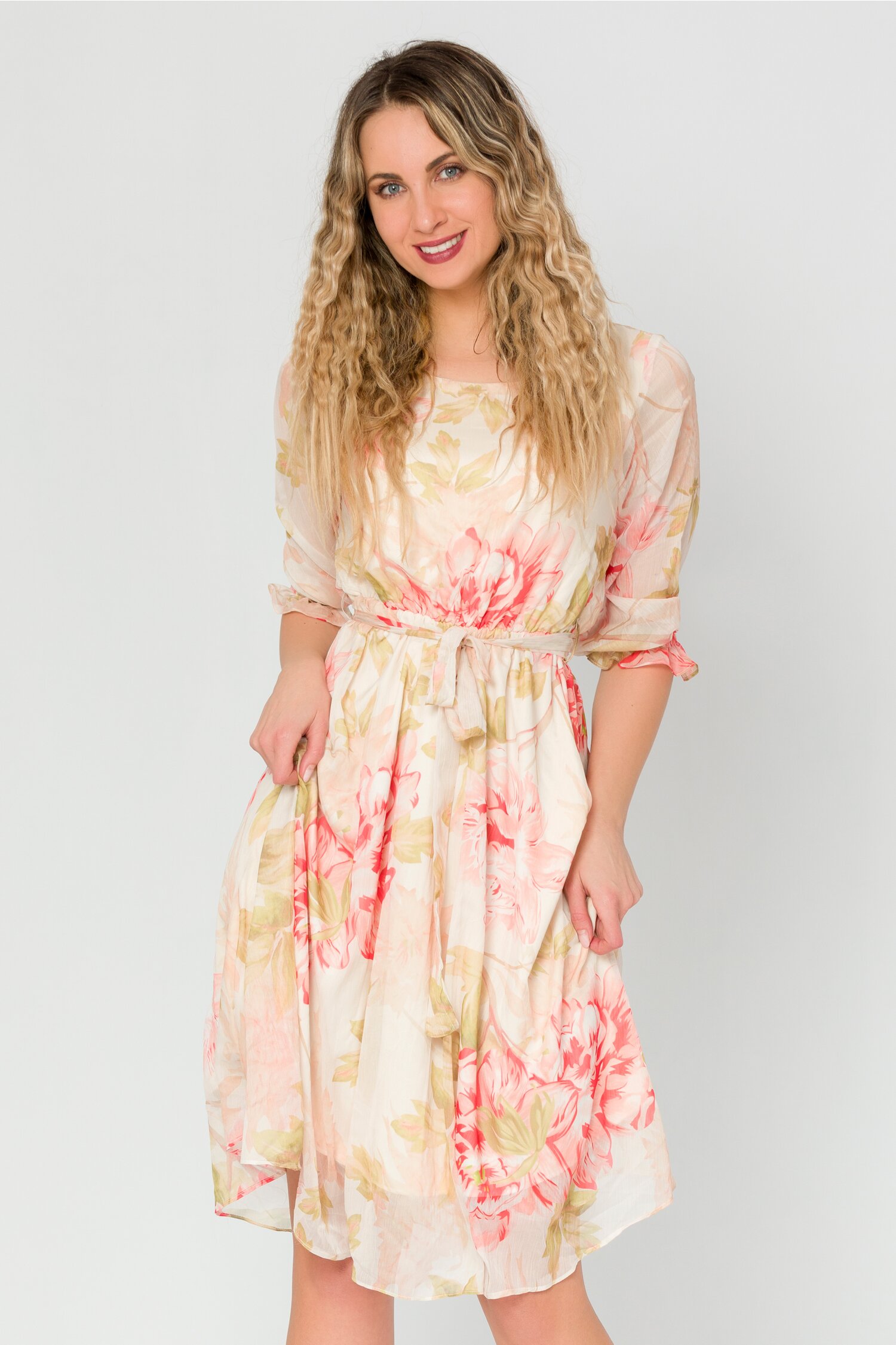 Rochie Isabella bej cu imprimeuri florale corai