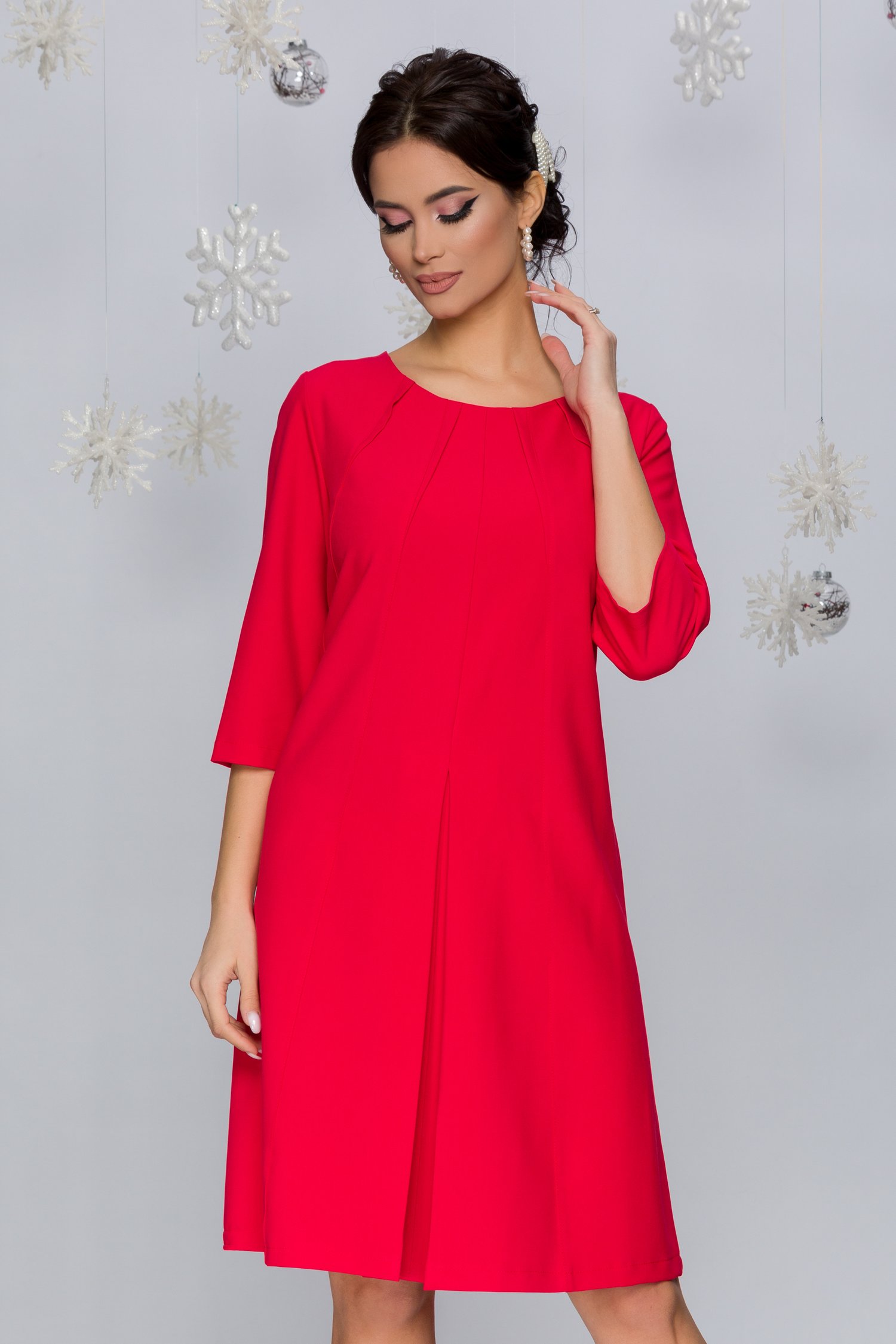 Rochie Ivonna rosu zmeura cu pliuri in linie A