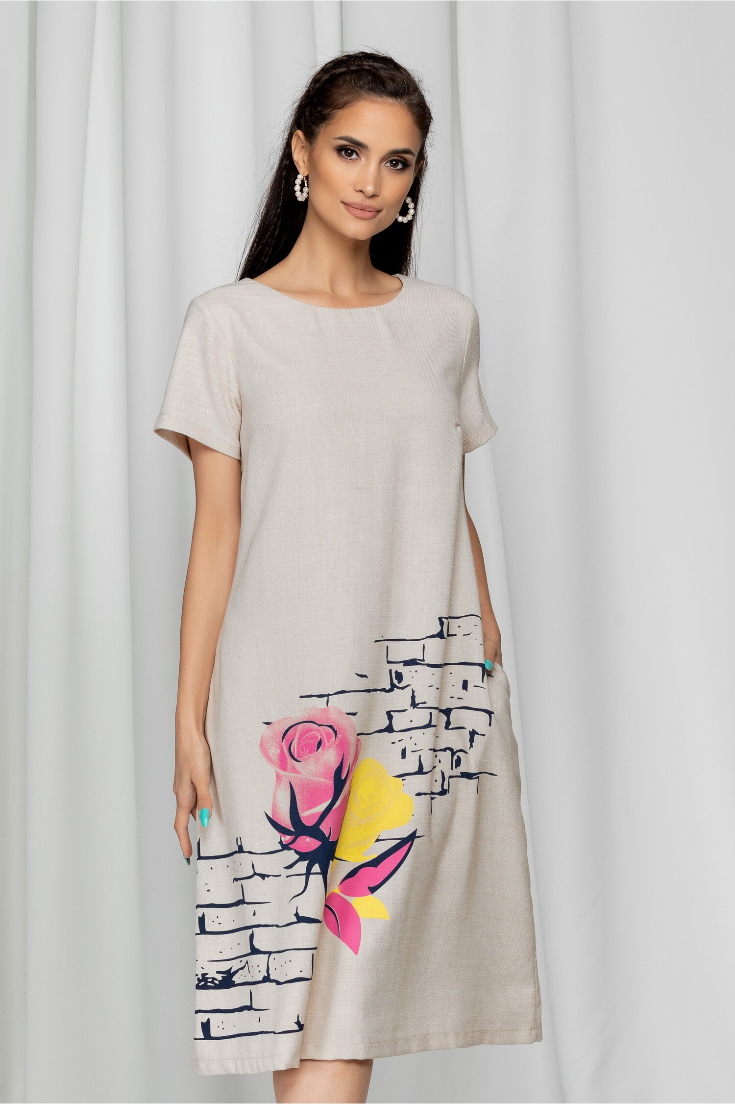 Rochie jennifer bej din panza cu imprimeu floral roz si galben
