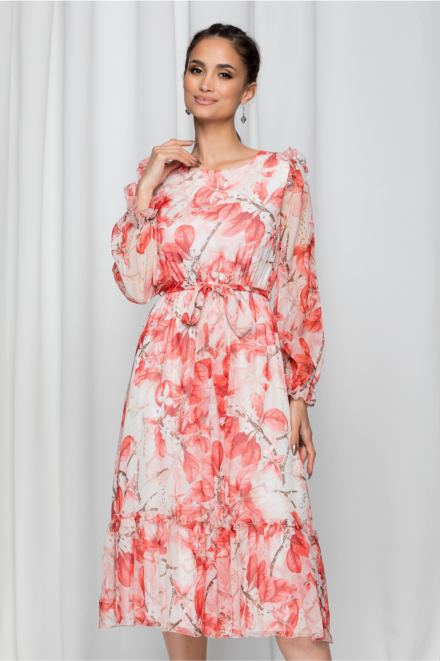 Rochie johanna ivory cu imprimeu floral si volanase