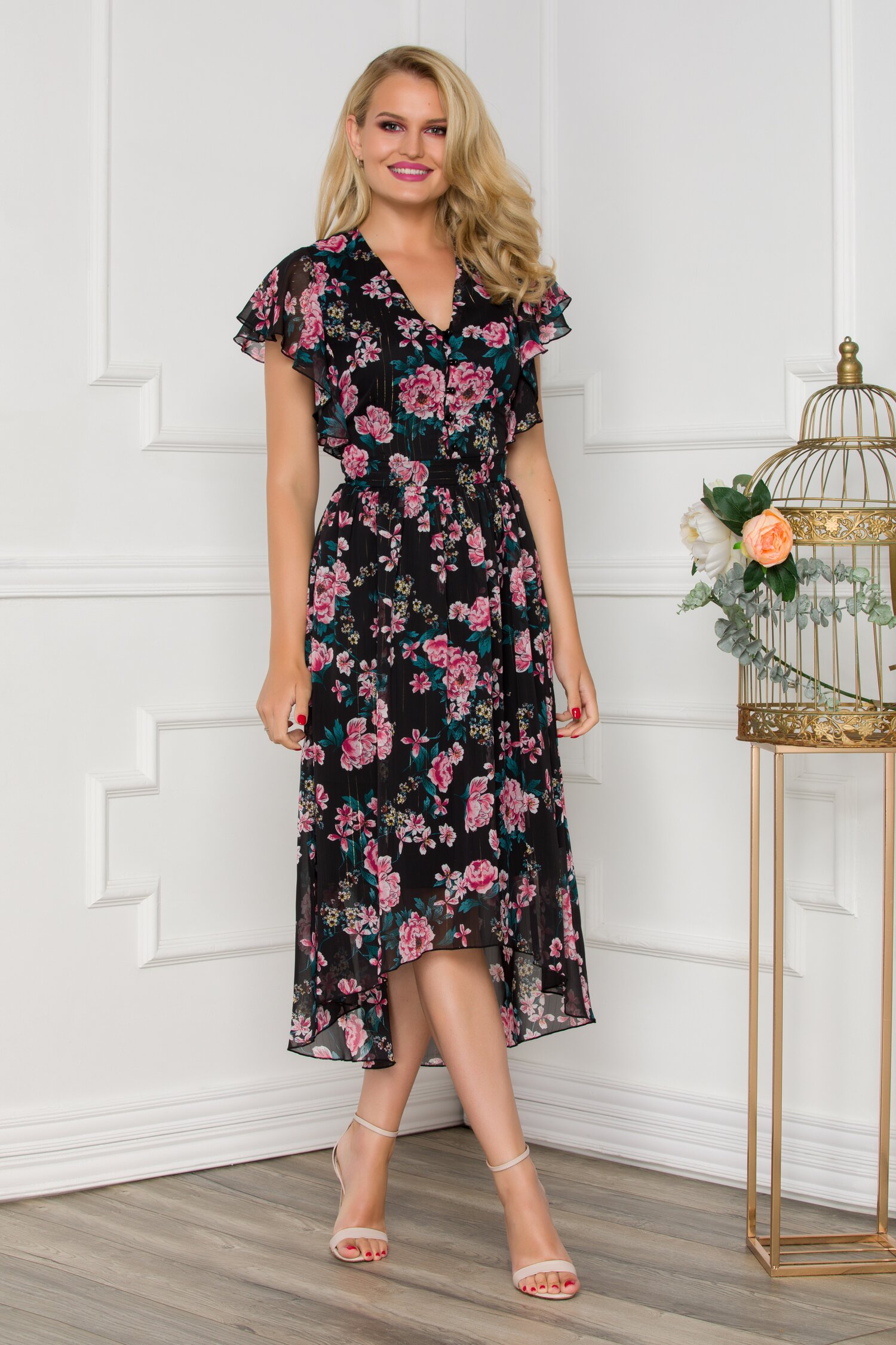 Rochie Karisa neagra cu imprimeu floral