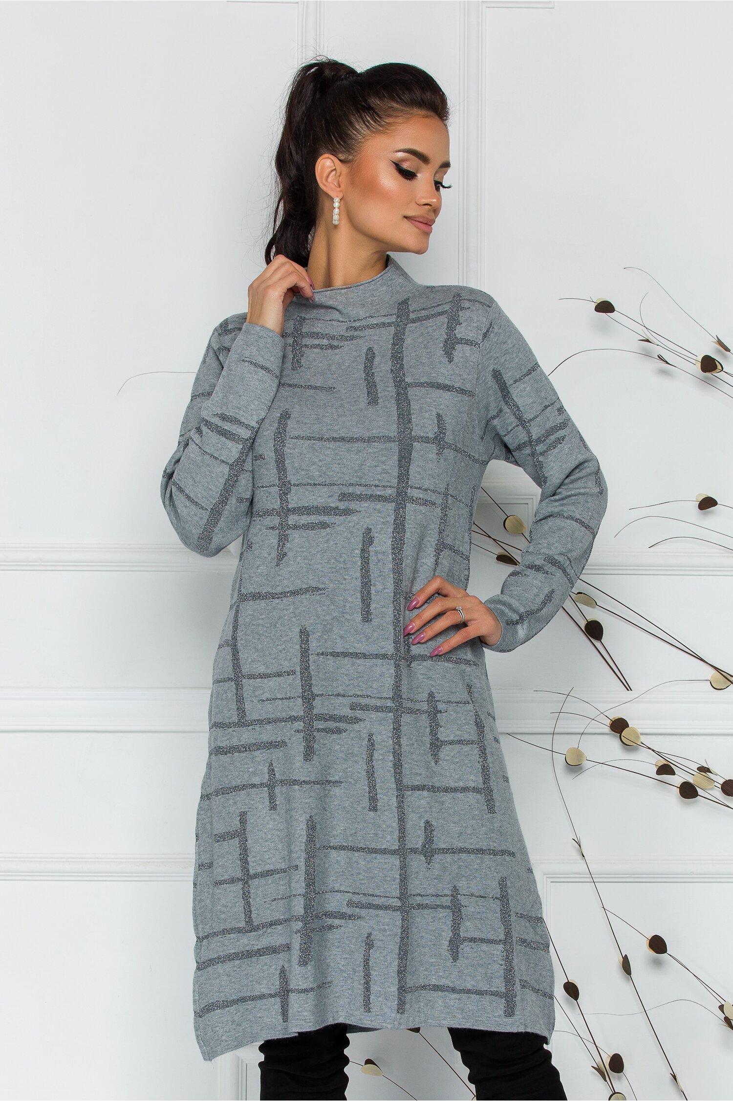 Rochie Kathia gri cu insertii din fir lurex