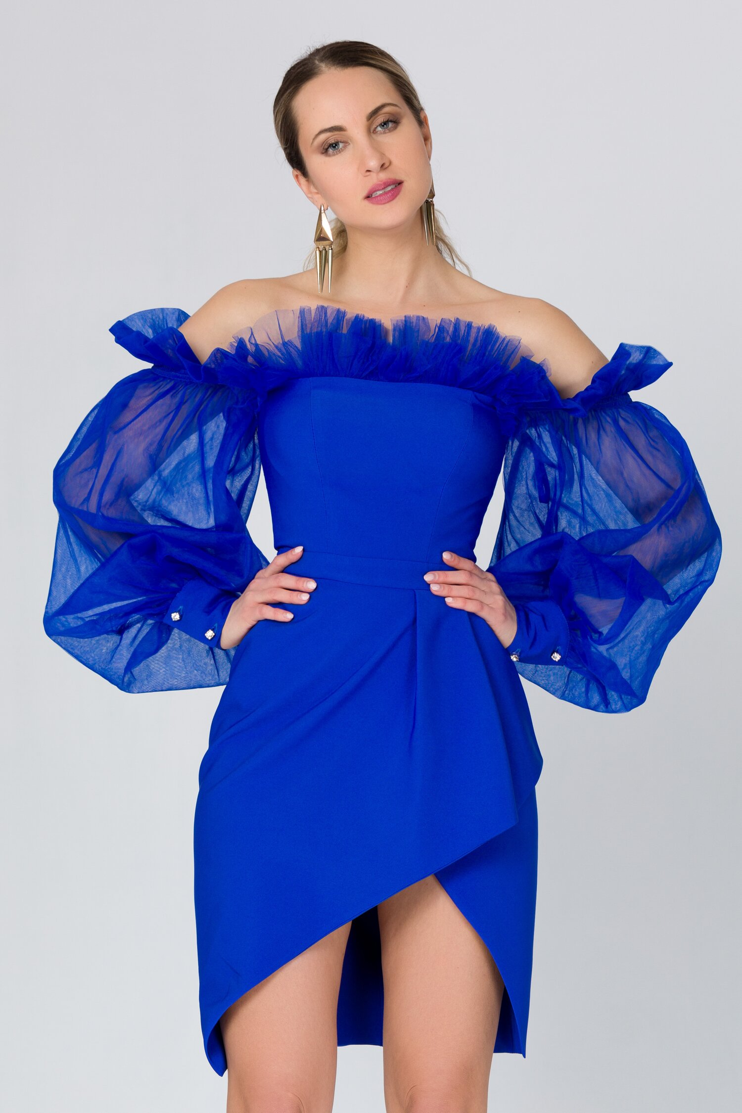 Rochie LaDonna albastra accesorizata cu tull delicat