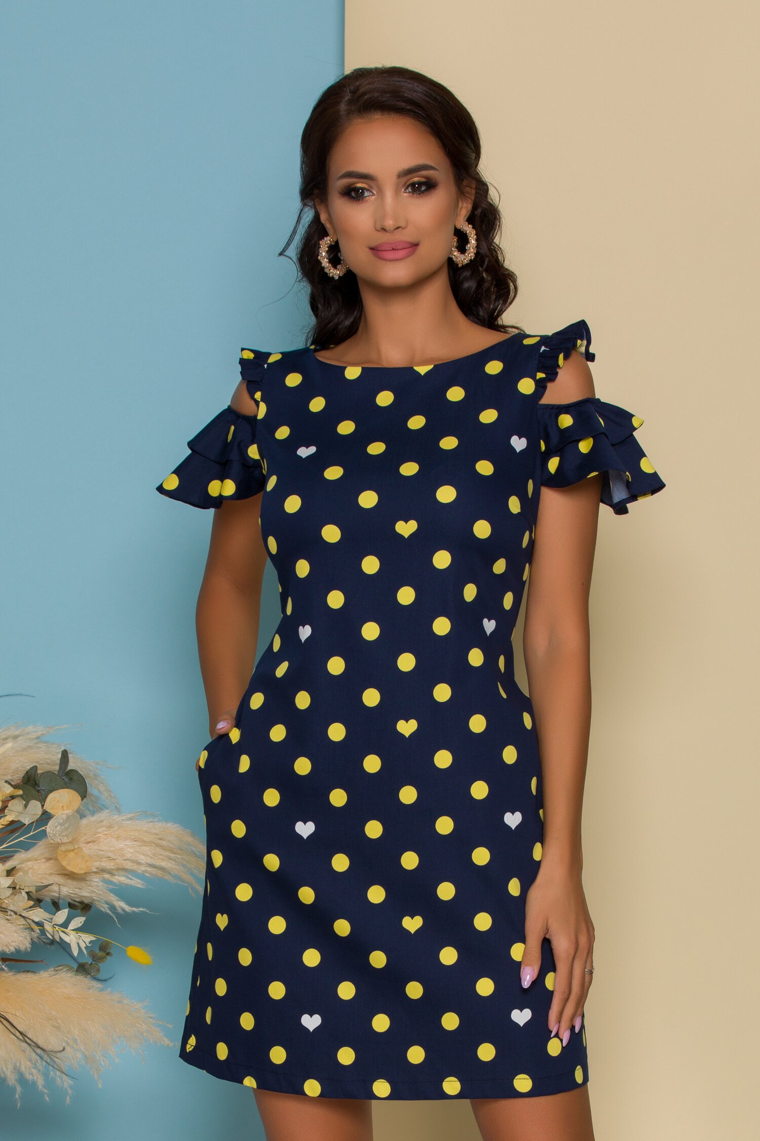 Rochie LaDonna bleumarin cu buline galbene si buzunare functionale