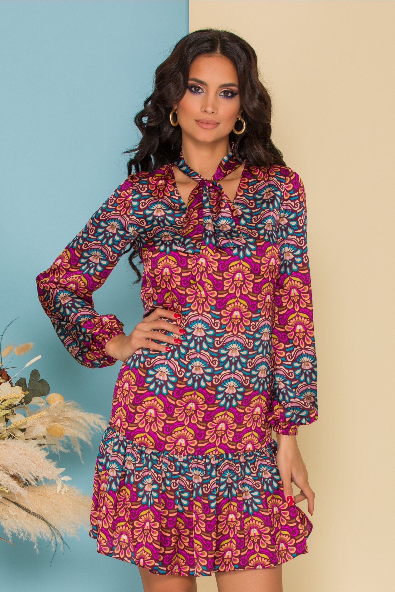 Rochie LaDonna by Catalin Botezatu cu imprimeuri multicolore si guler tip esarfa