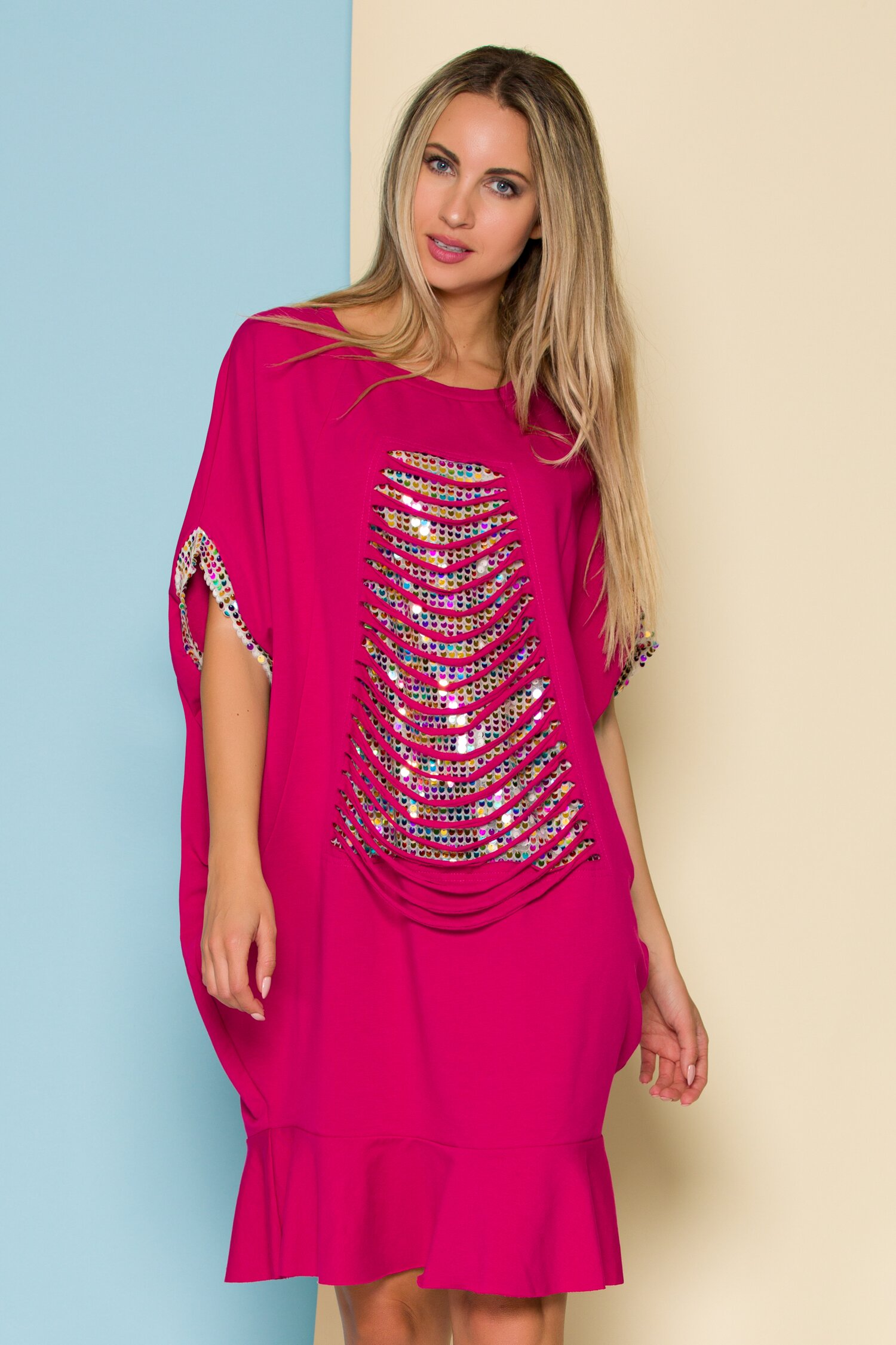 Rochie LaDonna by Catalin Botezatu fucsia cu franjuri si insertii din paiete multicolore