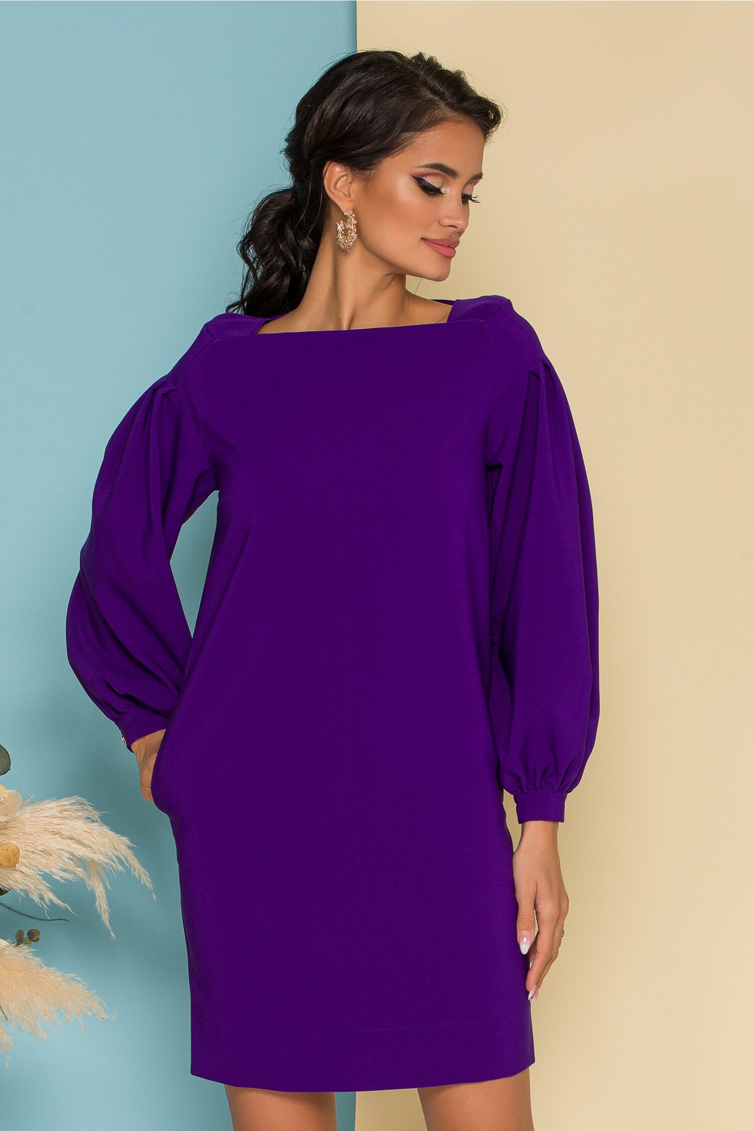 Rochie LaDonna by Catalin Botezatu mov cu pliuri pe maneci