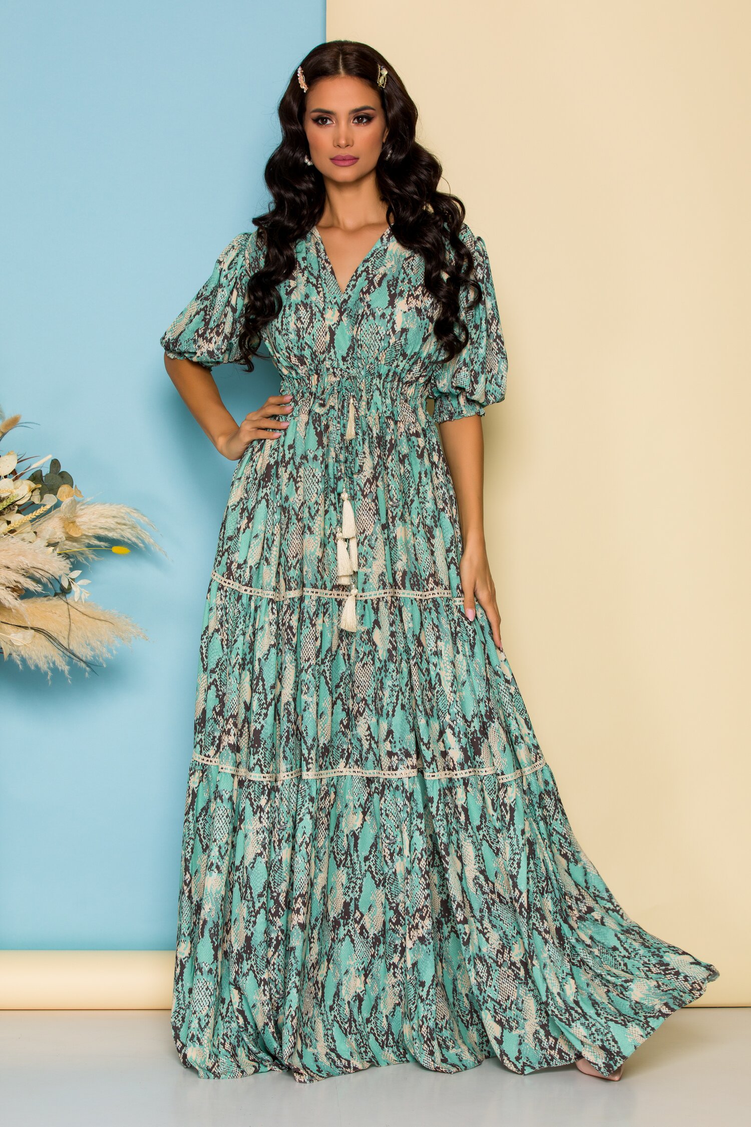 Rochie LaDonna by Catalin Botezatu turcoaz cu print snake