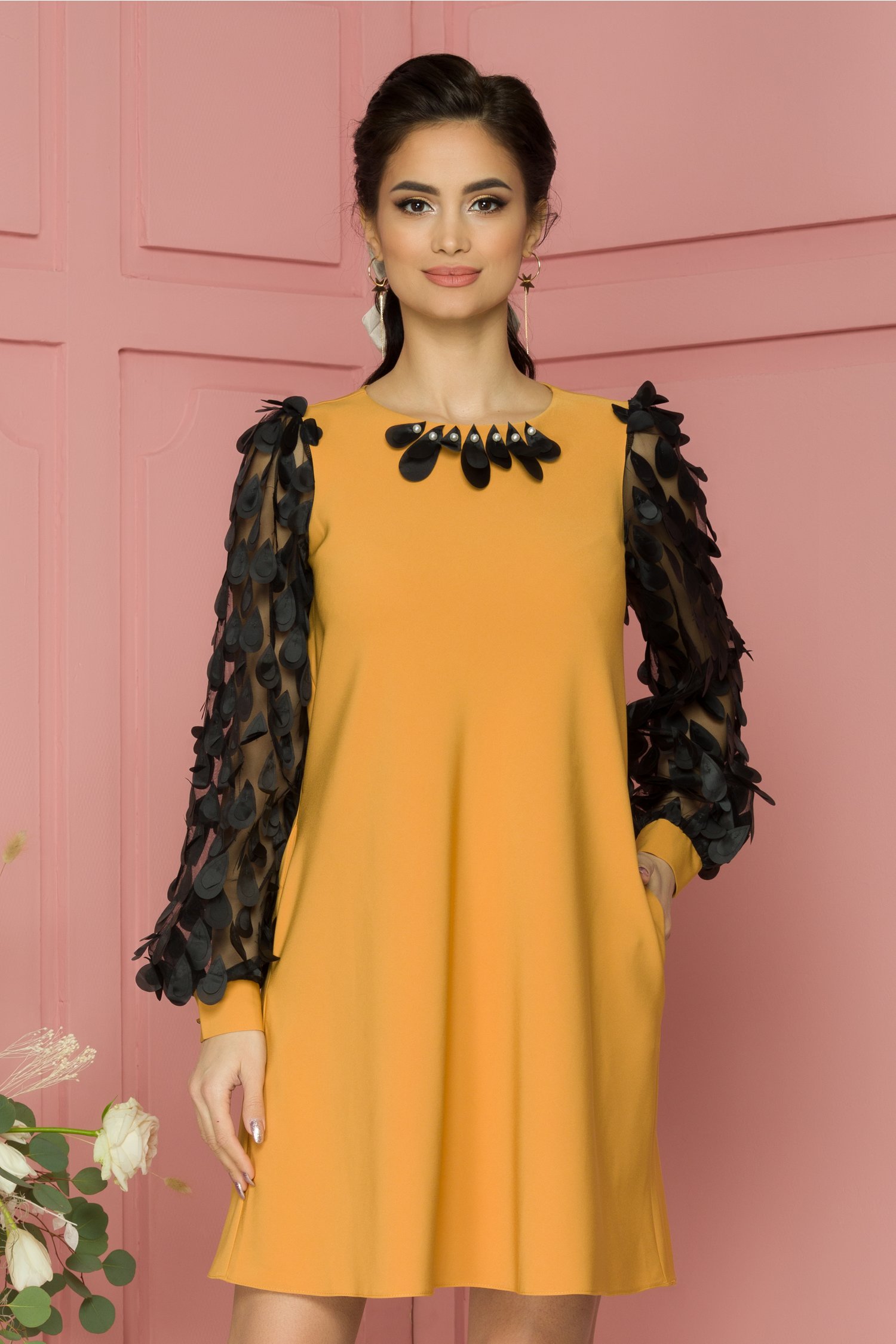 Rochie LaDonna galben mustar in linie A cu aplicatii pe maneci si la decolteu