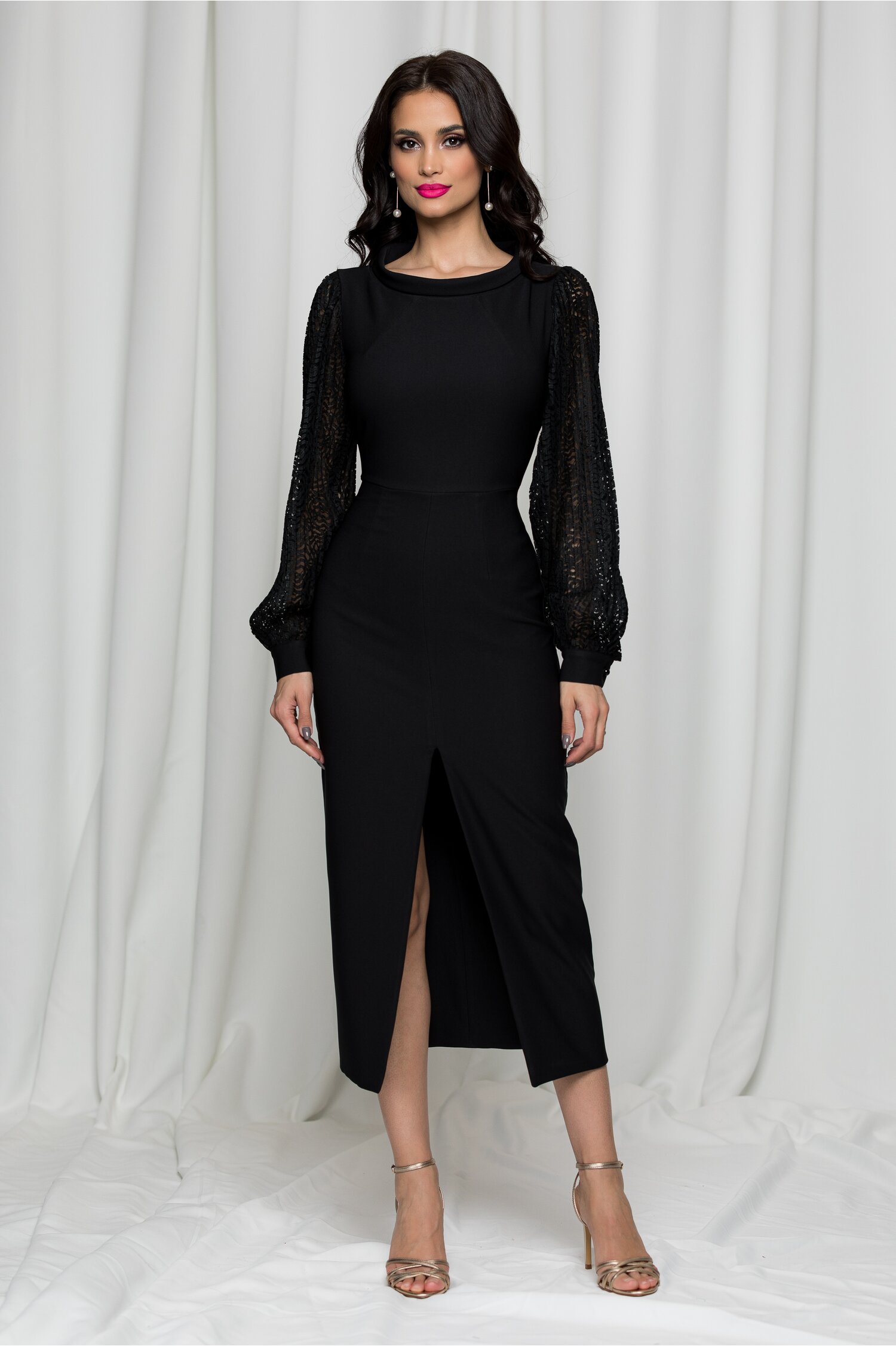 Rochie ladonna neagra cu maneci din dantela creponata