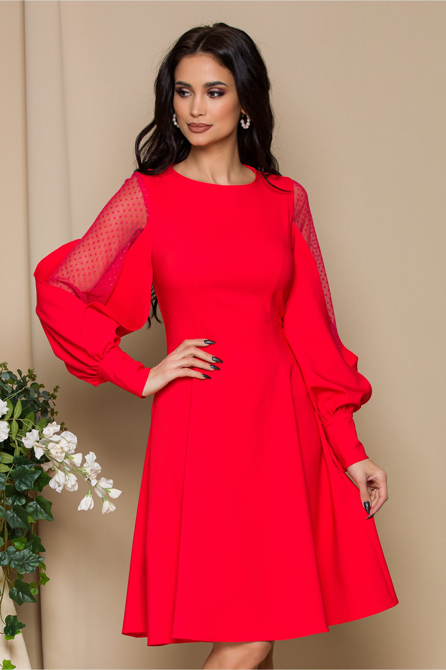 Rochie ladonna rosie cu maneci din tull cu buline