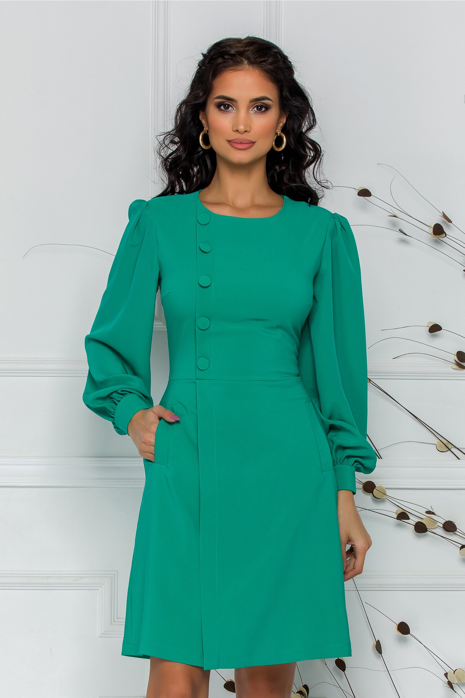 Rochie LaDonna turcoaz cu nasturi si buzunare