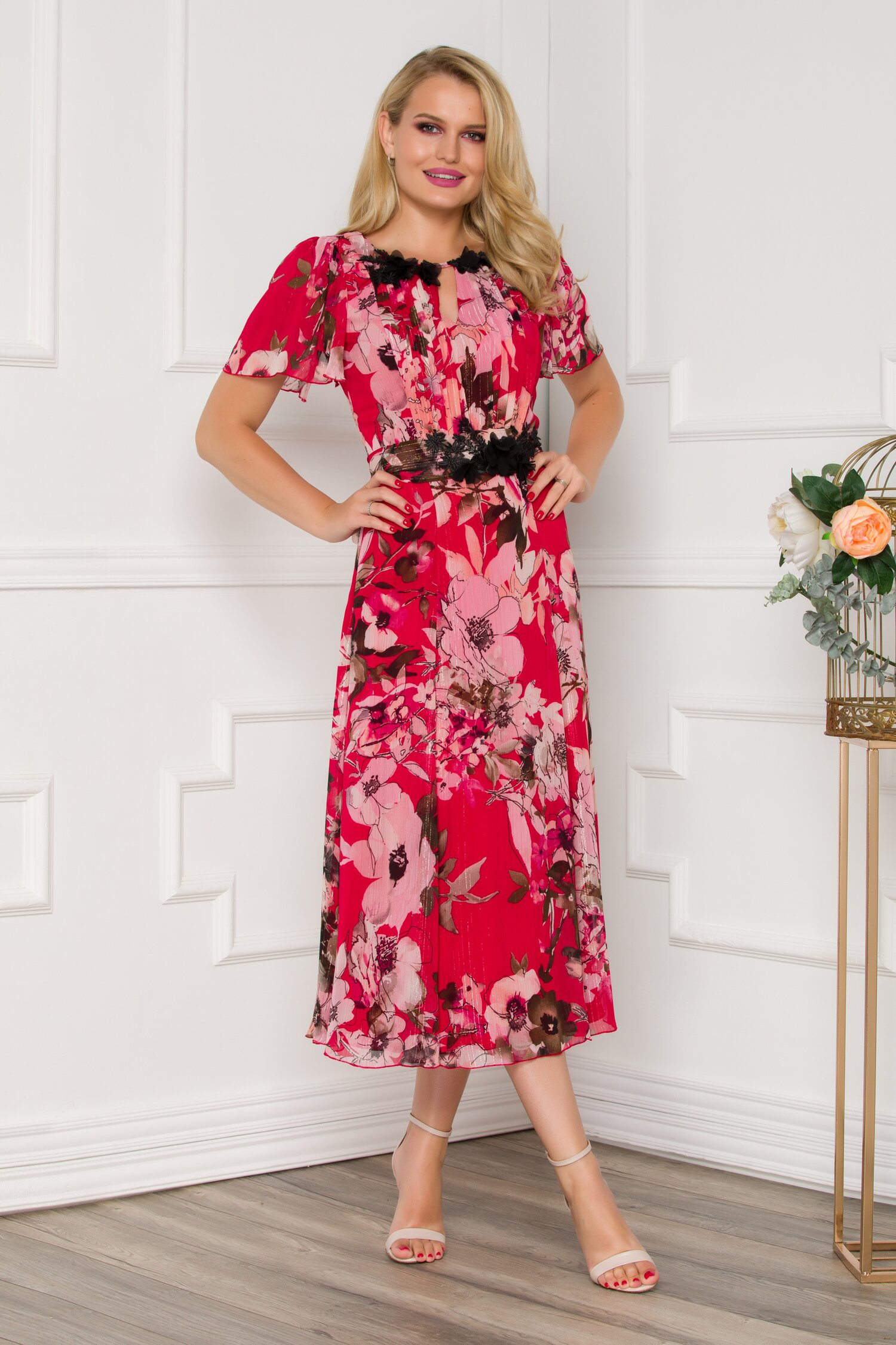 Rochie Leonard Collection midi rosie cu imprimeuri florale