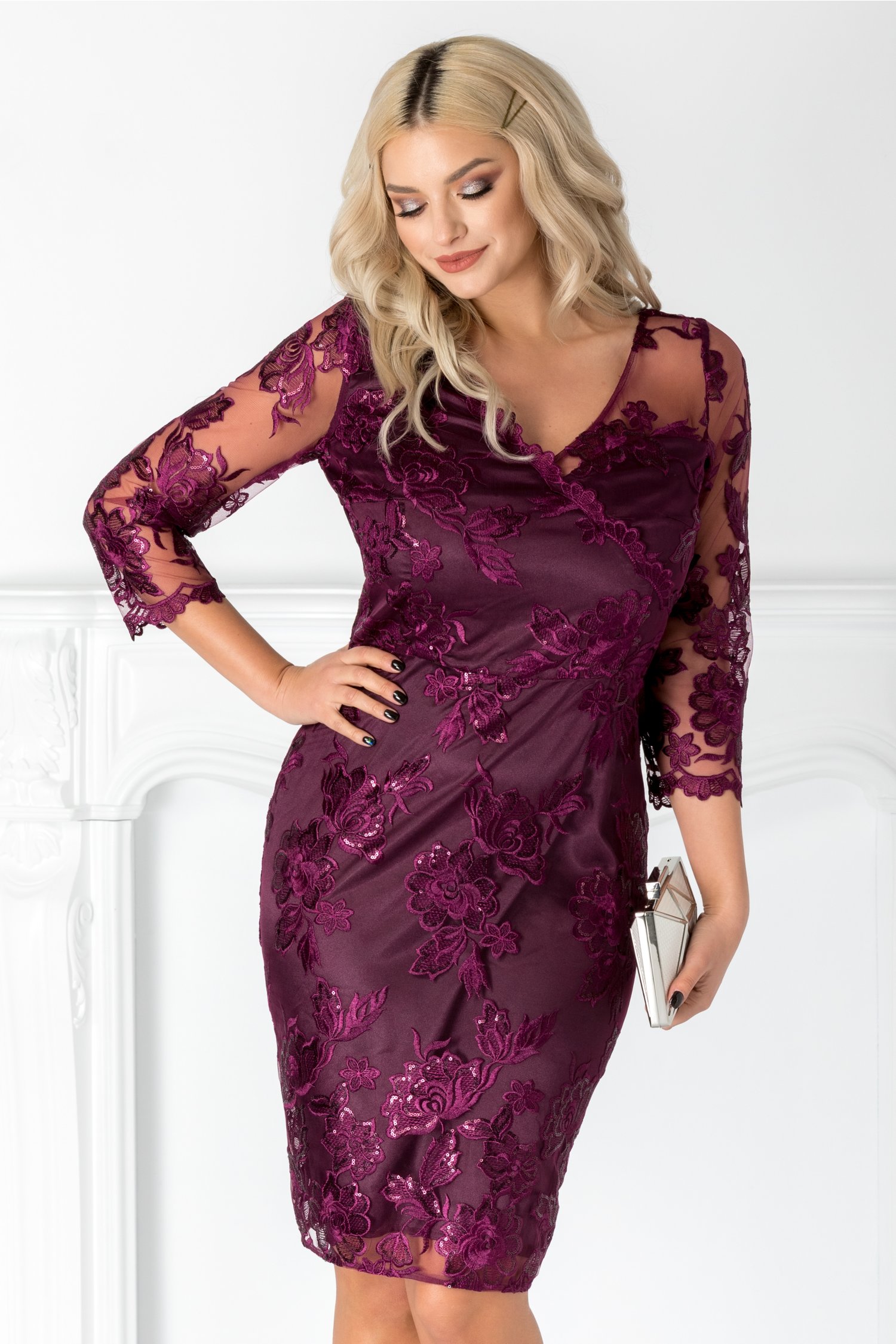 Rochie leonard collection mov cu dantela florala