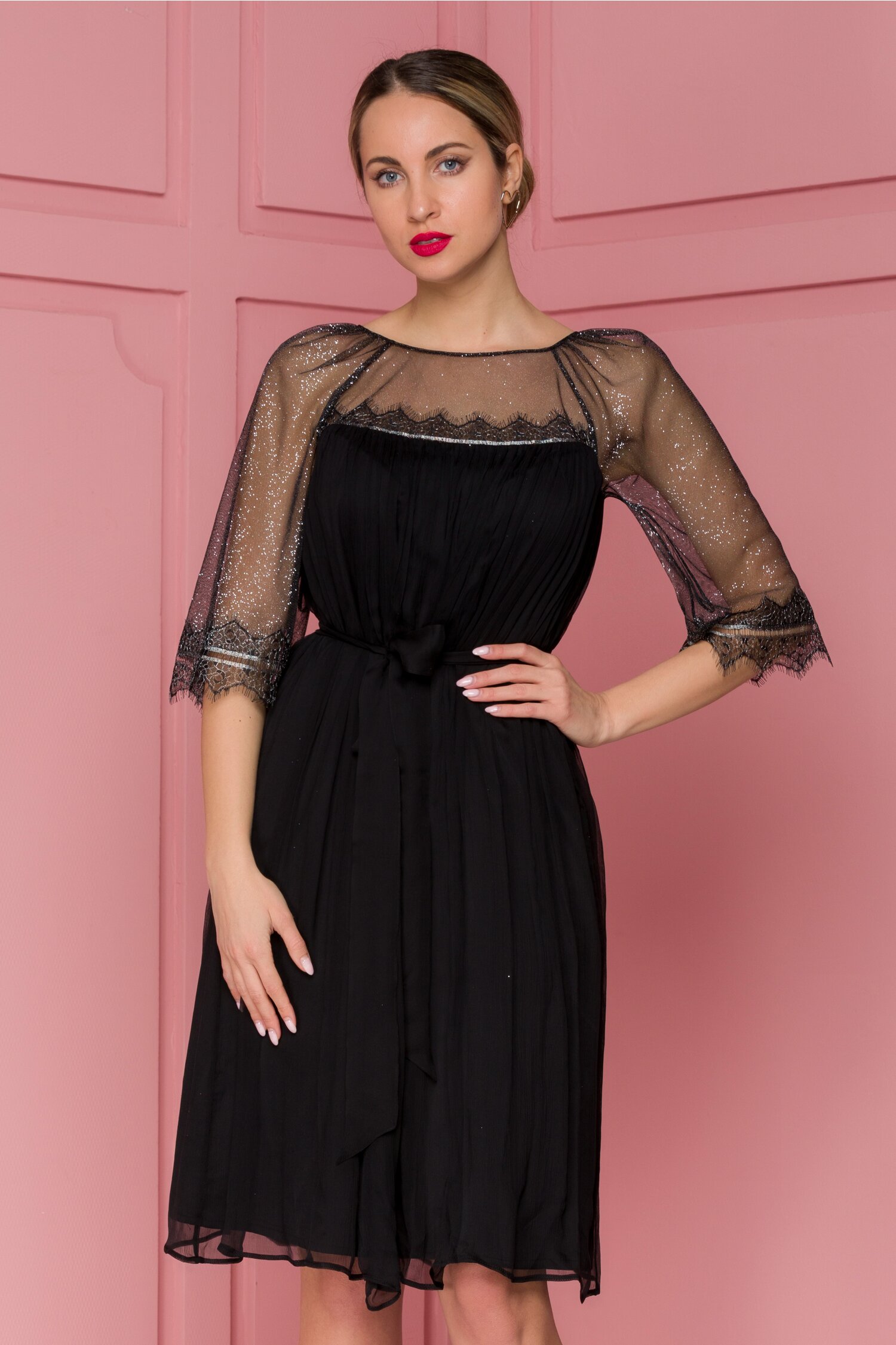 Rochie Leonard Collection neagra din matase cu sclipici argintiu