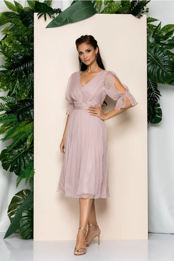 rochie leonard collection roz din matase cu pliuri la bust 913587 722430 2