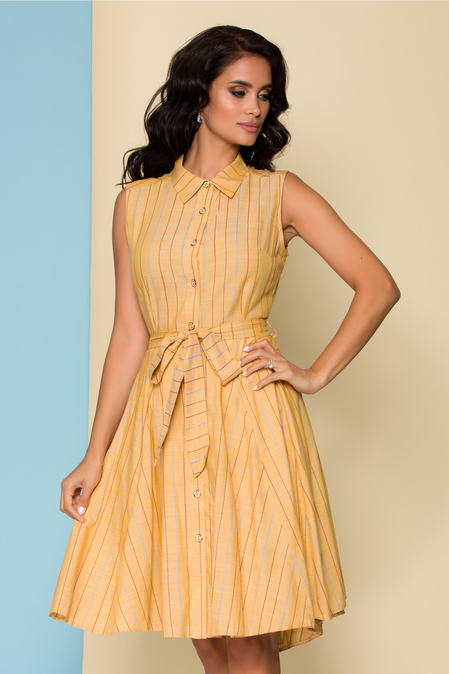 Rochie Lidy galben mustar cu dungi multicolore