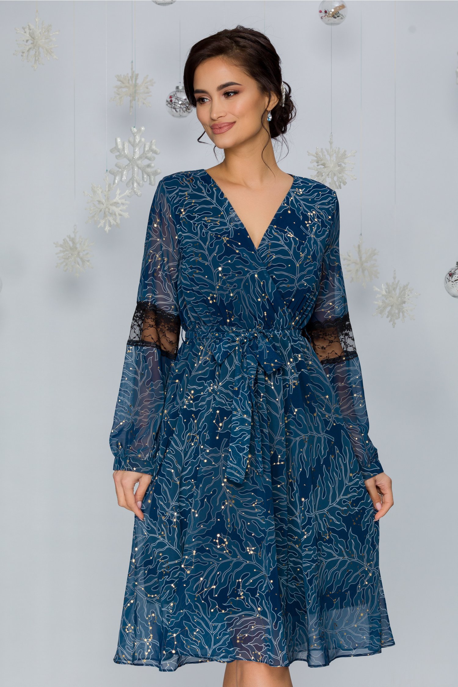 Rochie lizzie bleumarin cu frunze si stelute aurii