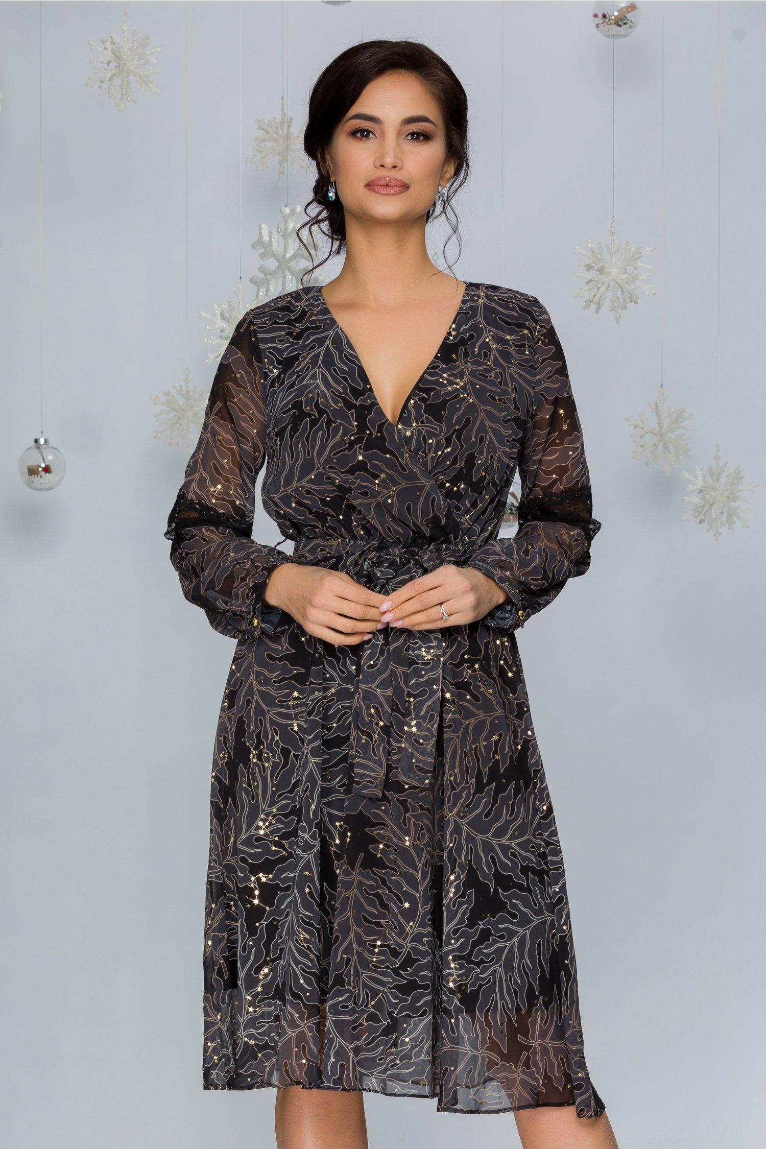 Rochie lizzie neagra cu frunze gri si stelute aurii