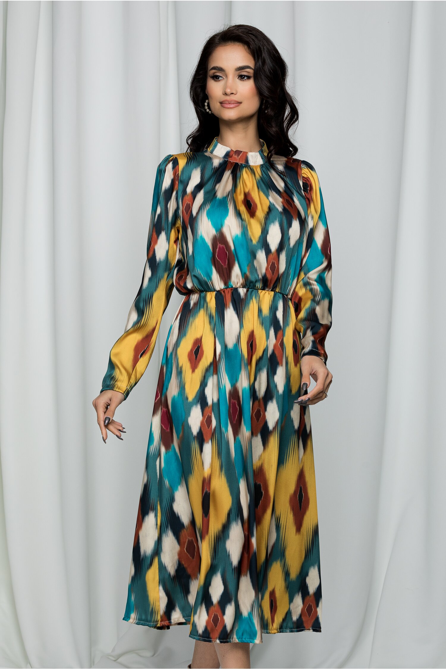 Rochie mara turcoaz cu imprimeu geometric