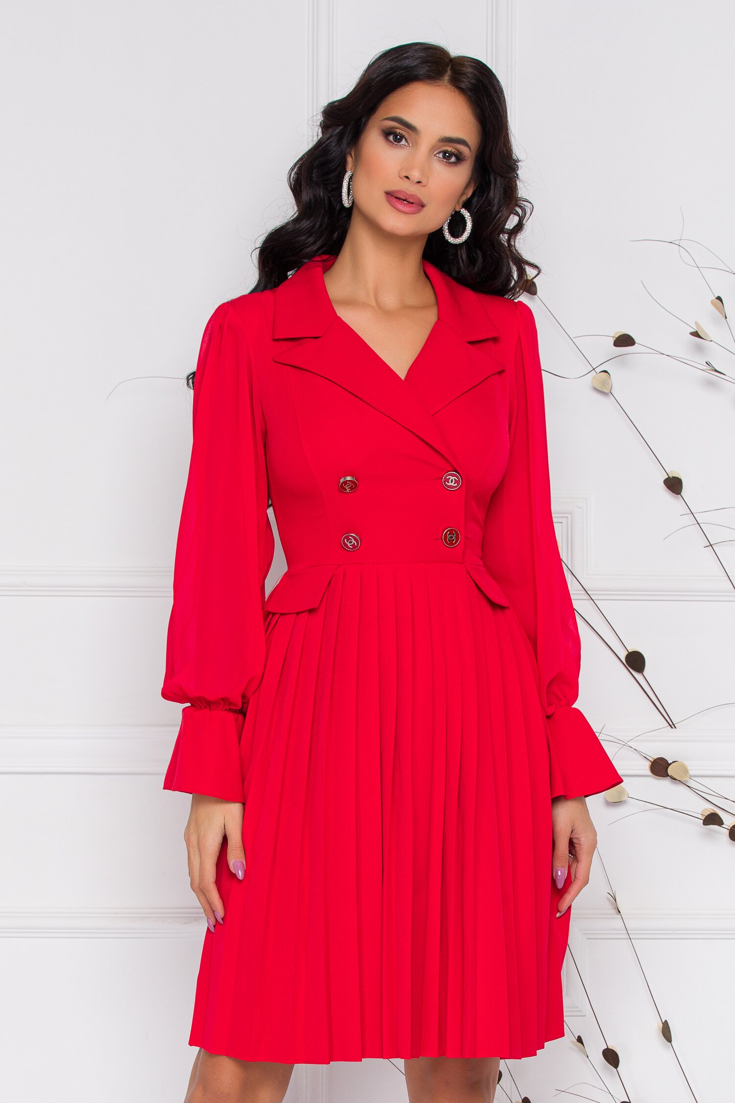 Rochie Margot rosie cu pliuri pe fusta