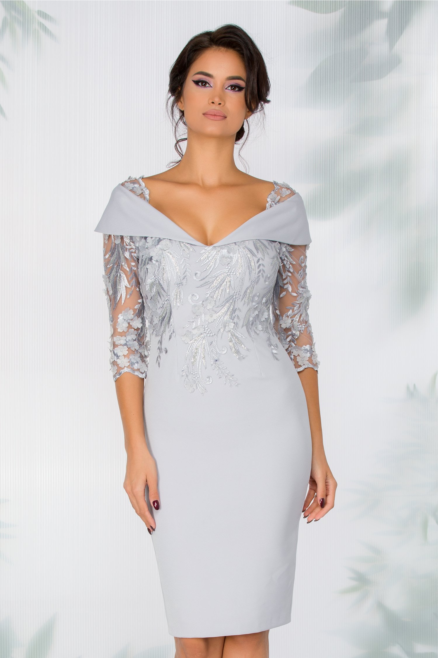 Rochie mbg conica gri cu dantela si flori 3d