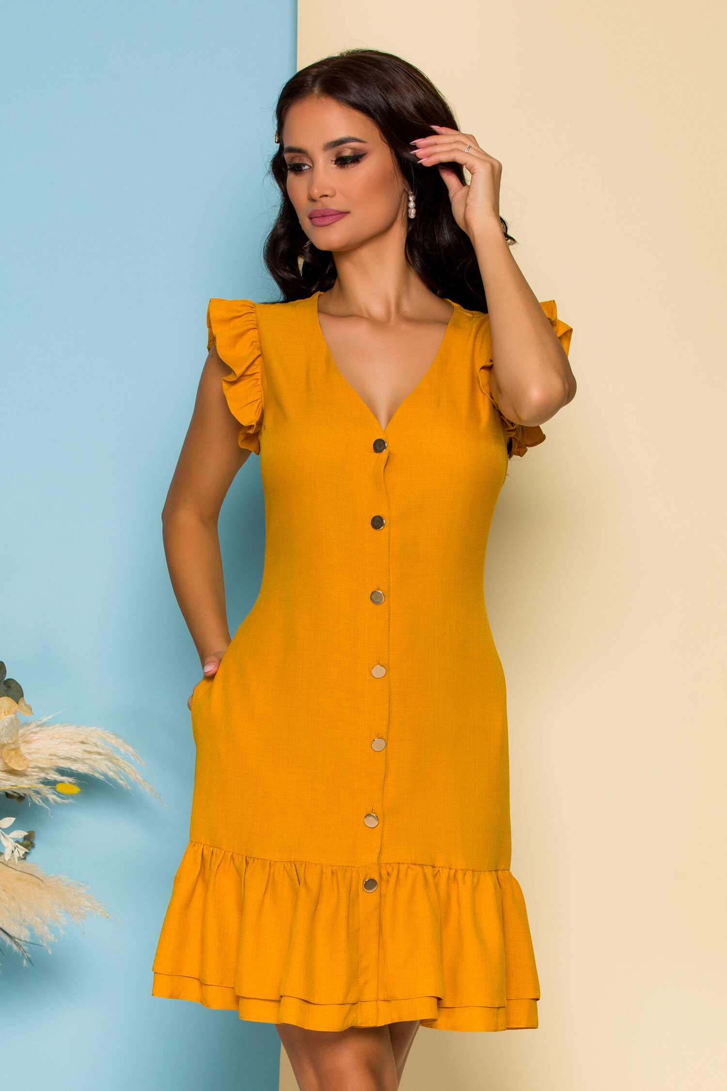 Rochie MBG galben mustar cu volanase si nasturi