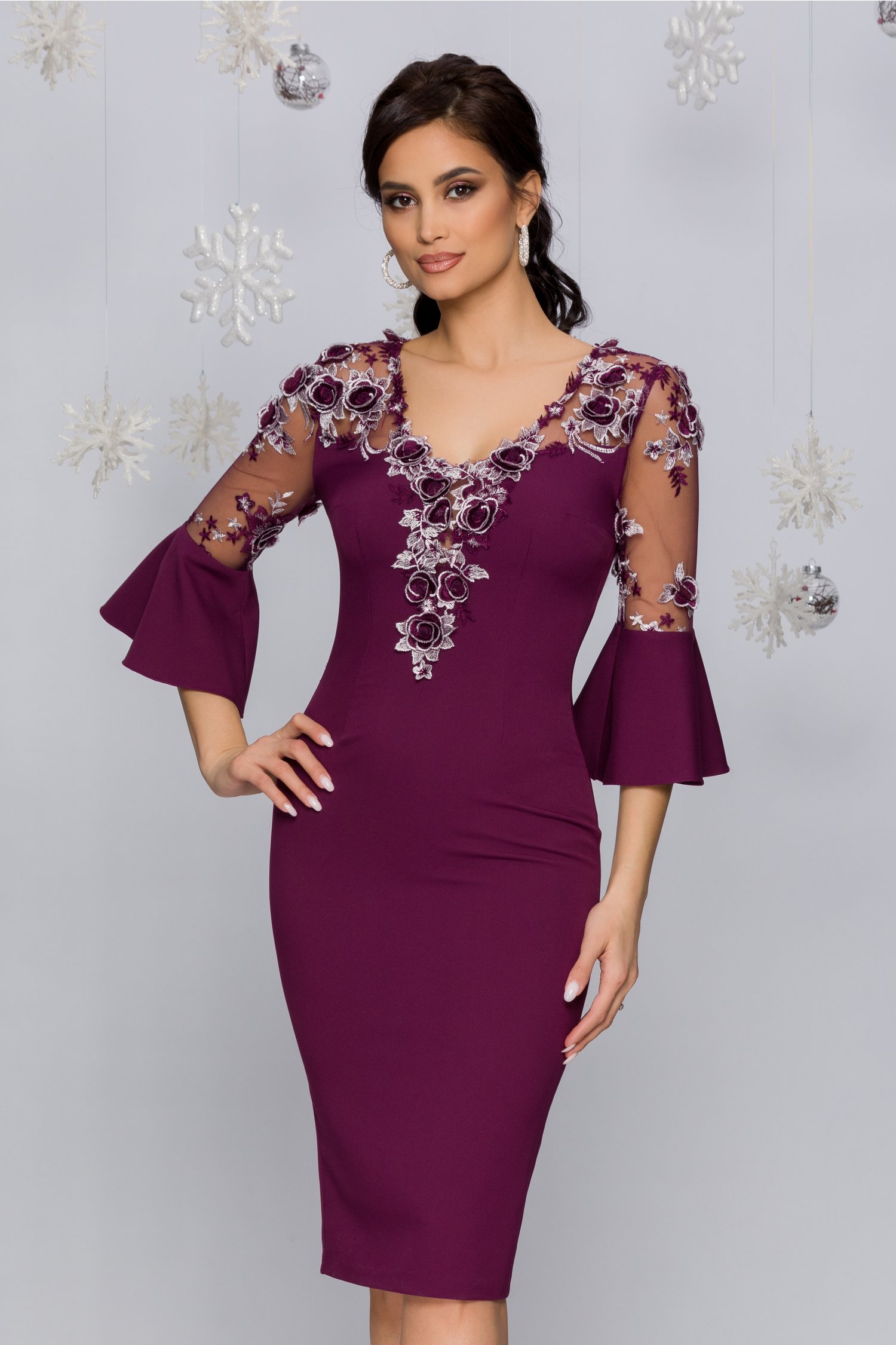 Rochie MBG mov cu maneci clos si broderii florale 3D