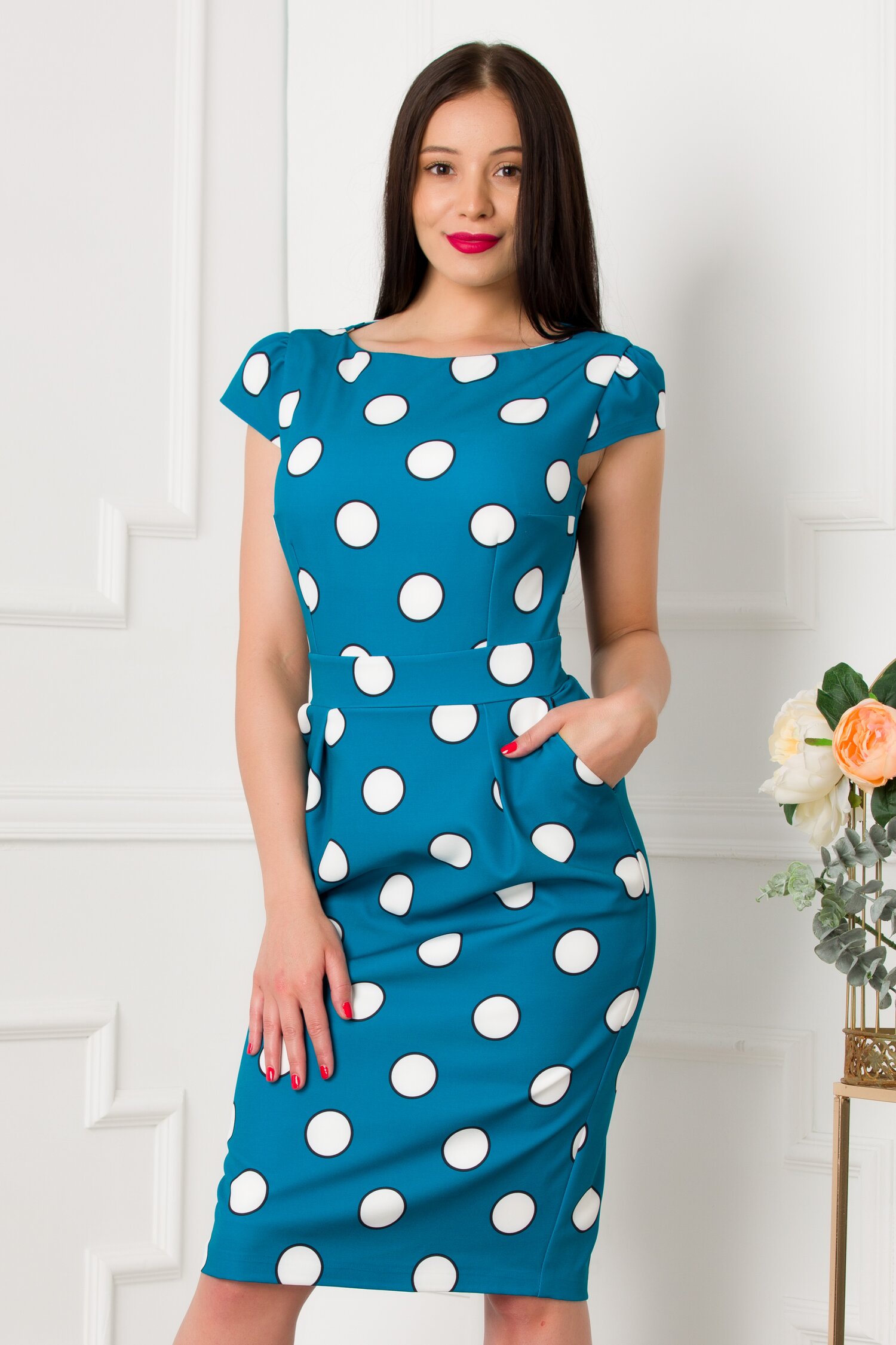 Rochie MBG turcoaz cu buline albe