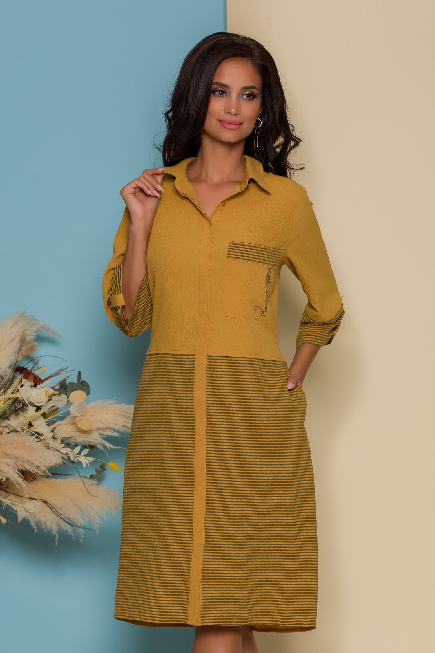 Rochie Mery tip camasa galben mustar cu dungi