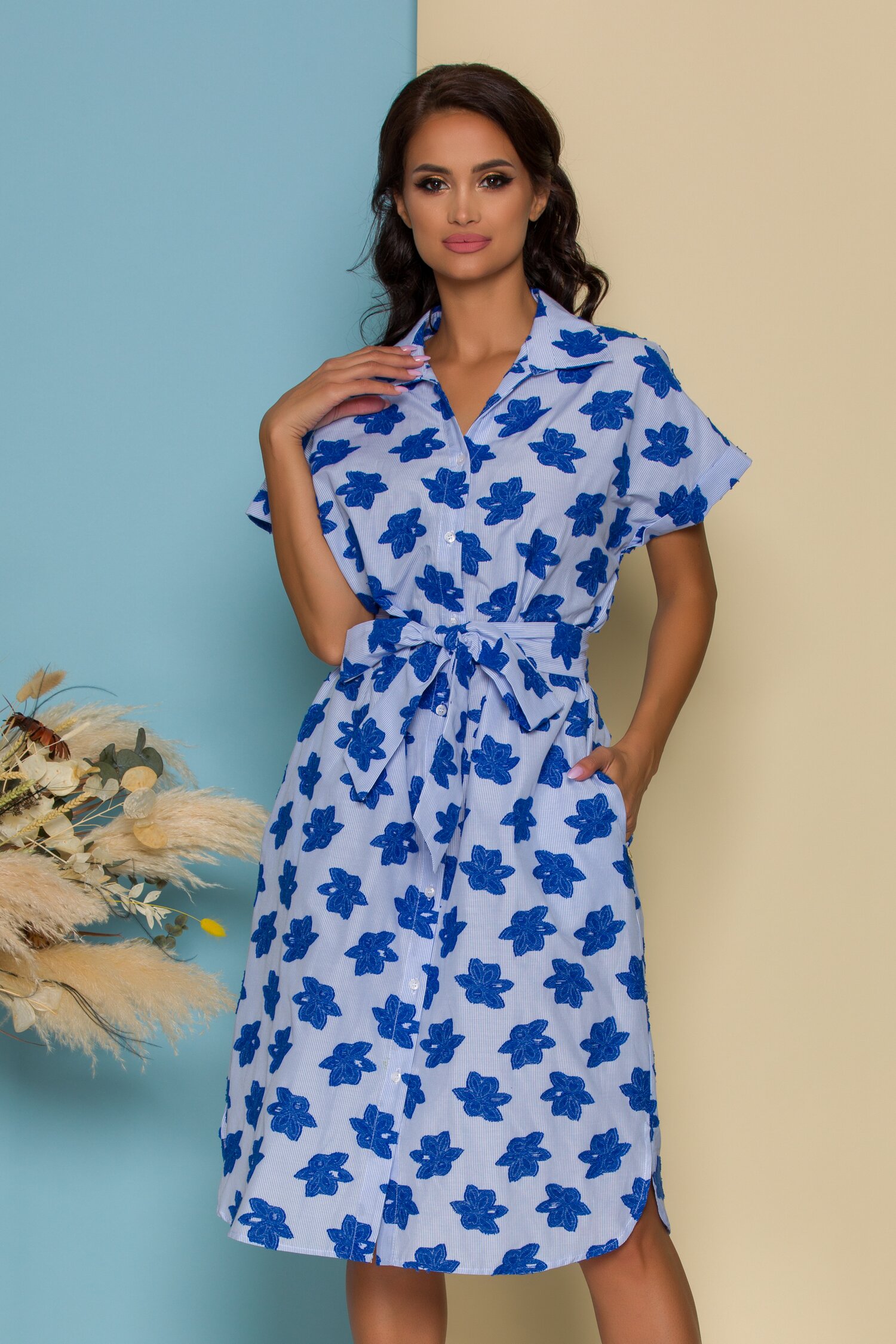 Rochie Mila bleu cu dungi si broderie albastra