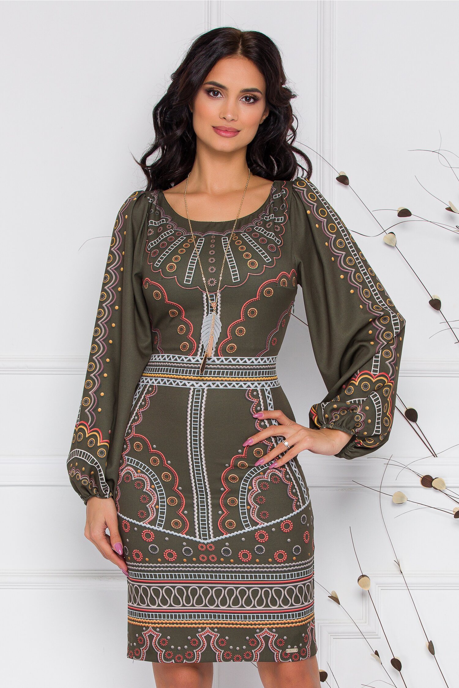 Rochie Mona kaki cu imprimeuri diverse